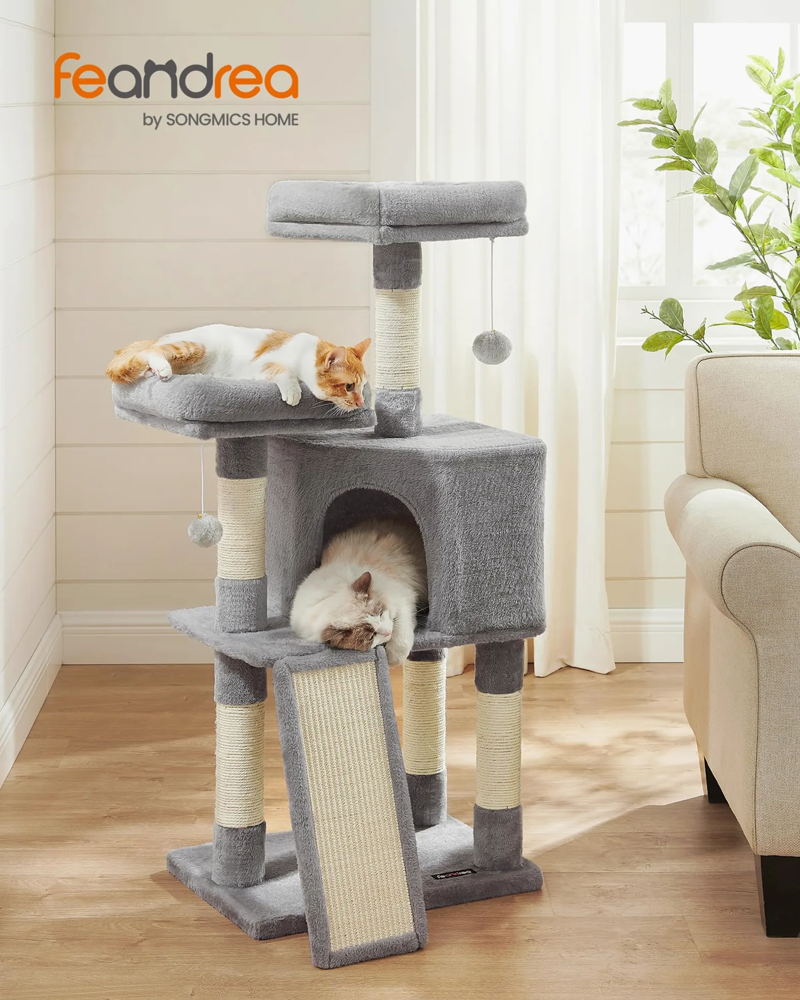 Feandrea Albero per Gatti, Casetta da 115cm, Tiragraffi, Grigio Chiaro PCT141W01V1