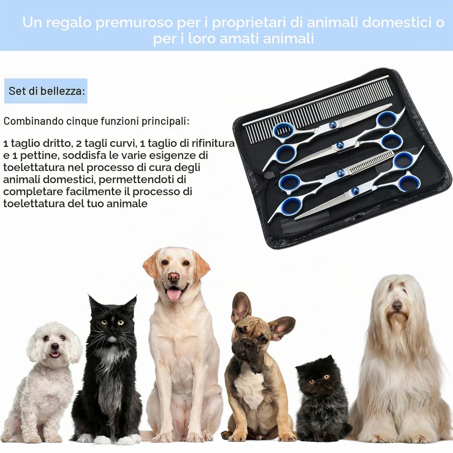 Gentpovth 5 in 1 Forbici per Toelettatura Cani e Gatti, con Forbici per Sfoltire, Curve e Dritte, Pettine