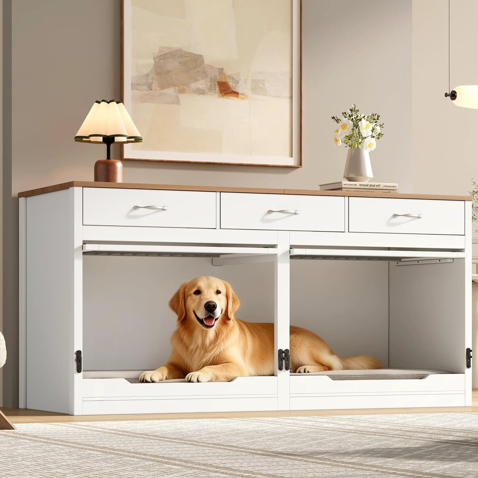 Gabbia per Cani in Legno e Metallo per 2 Cani 164x60x81 cm Cuccia Interna Coperchio Ribaltabile Divisorio Estraibile 3 Cassetti (Bianco + Effetto Legno)