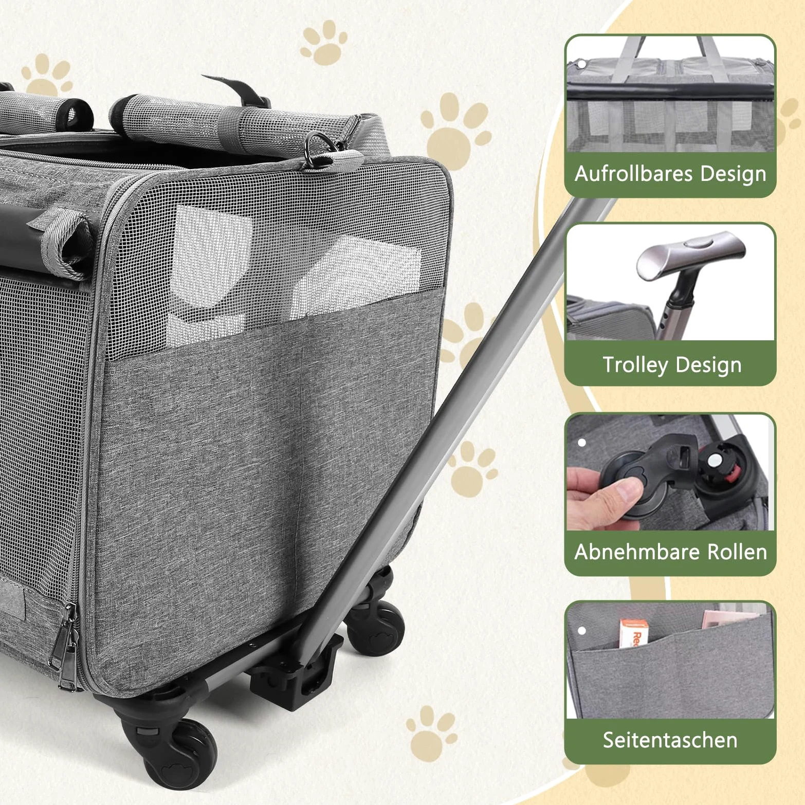 Trasportino per gatti con ruote, pieghevole, grande, per il trasporto di gatti, rimovibile, con scomparti, per 2 gatti, stile tenda ventilato