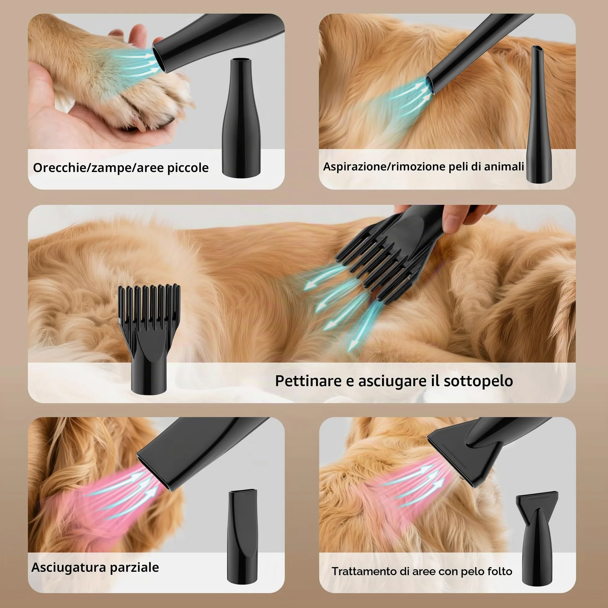 DEWINNER 2 in 1 Asciugacapelli Professionale per Cane, Blower 3200 W con Aspirapolvere, Velocità e Temperatura Regolabili, Silenzioso, 5 Ugelli, Tubo Elastico + Spazzola