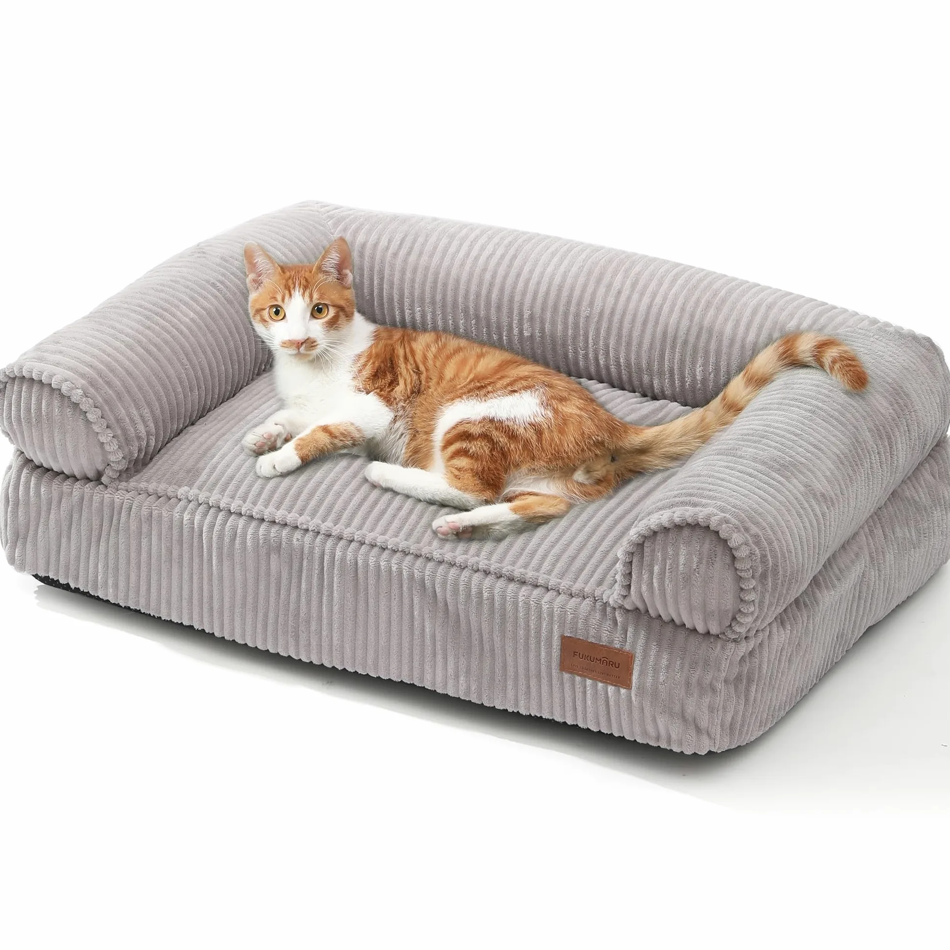 FUKUMARU Cuccia Gatto Interno,Tessuto Sfoderabile e Lavabile in Velluto a Coste, Letto per Gatti Ergonomico con Sostegno Integrato, Divano per Cani di Media Taglia, Base Antiscivolo, 72x52x22 cm