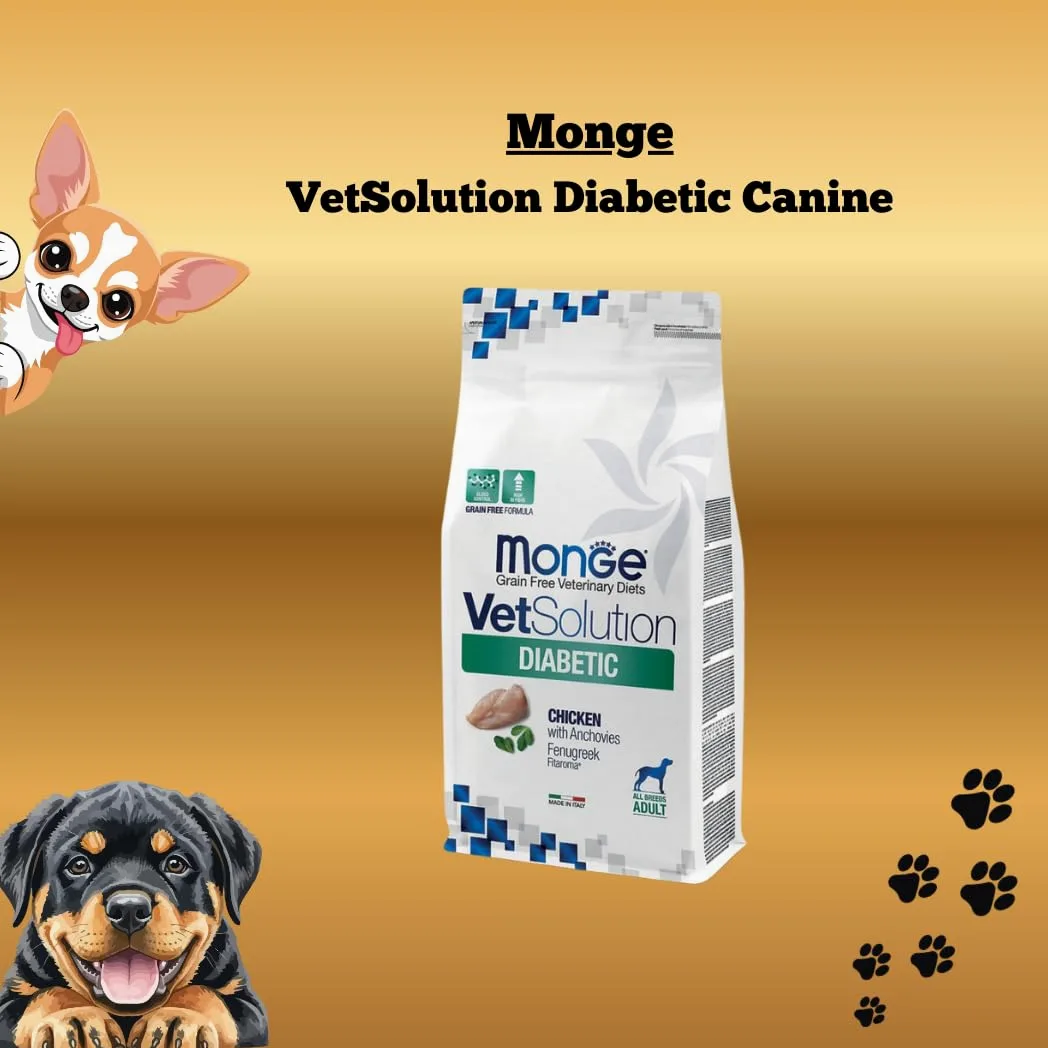 MONGE Cane VetSolution Diabetic Canine gusto Pollo con Acciughe | alimento secco completo e dietetico per cani formulato per il controllo dell’apporto di glucosio, Made in Italy, 1 confezione da 12kg.