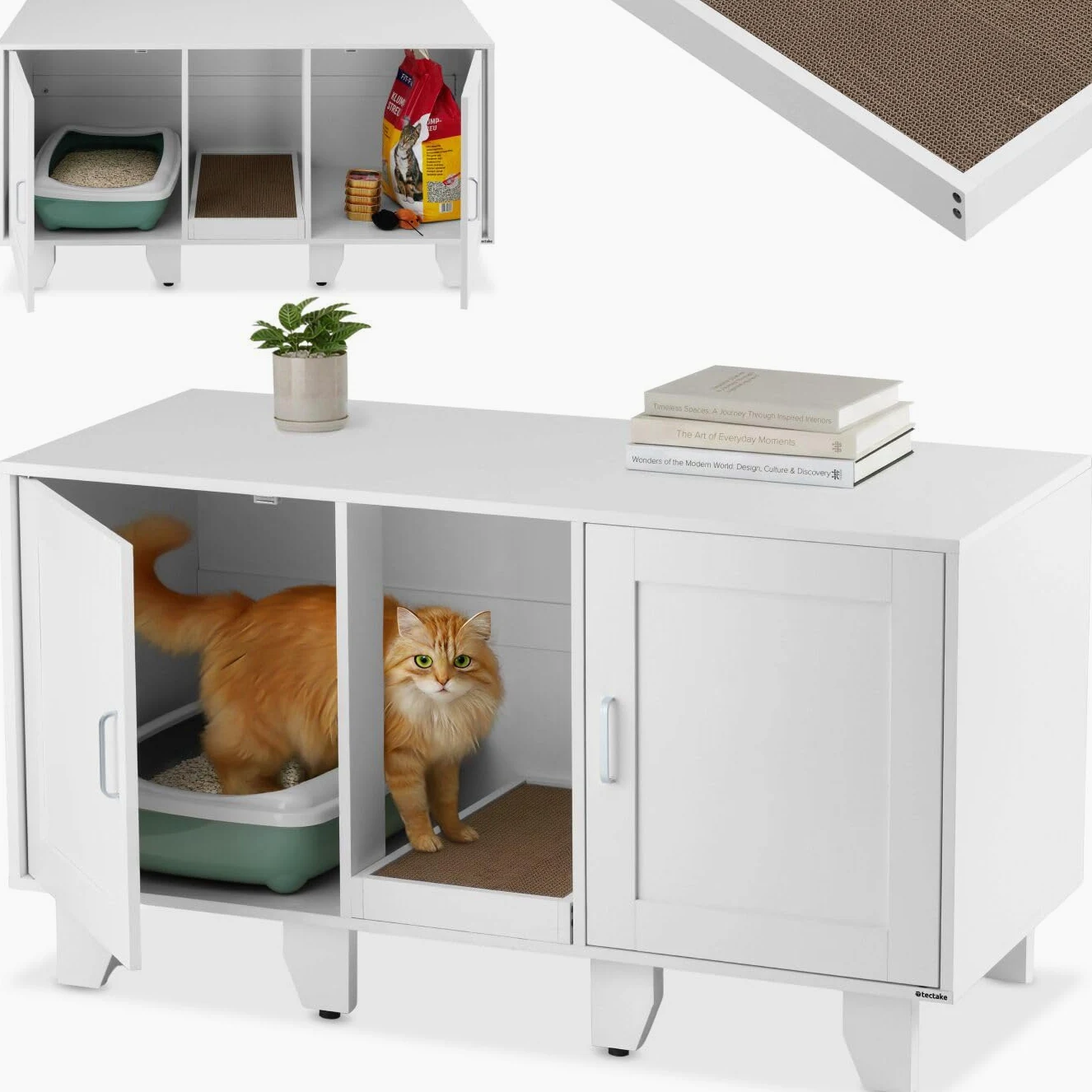 tectake® Mobile lettiera gatto chiusa a due ante, ingresso centrale, tappetino tiragraffi, mobiletto lettiera gatto, armadietto per lettiera gatti, ante magnetiche - 120 x 52 x 65 cm - Bianco