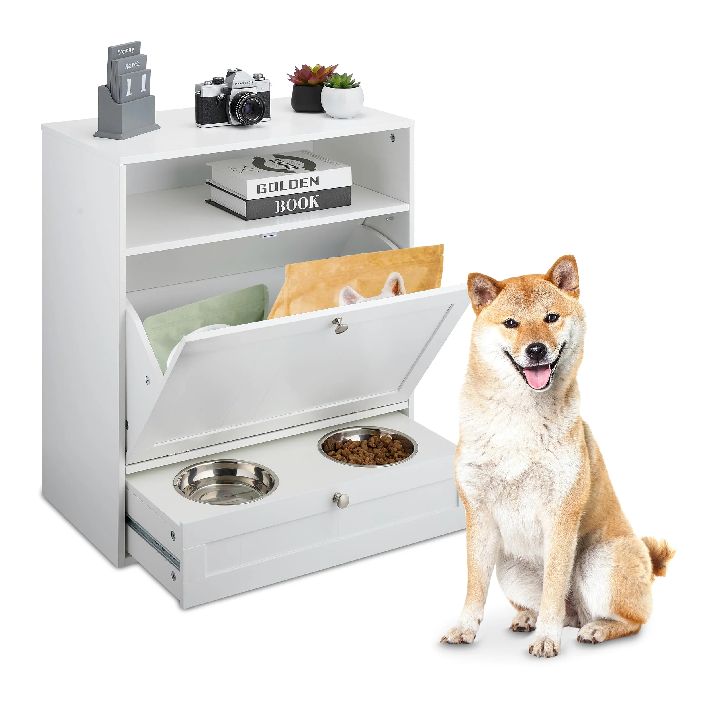 Relaxdays Ciotole Rialzate per Cani con Armadietto, Cassetto con 2 Scodelle e Ribaltina, HxLxP: 68x60x33 cm, MDF, Bianco