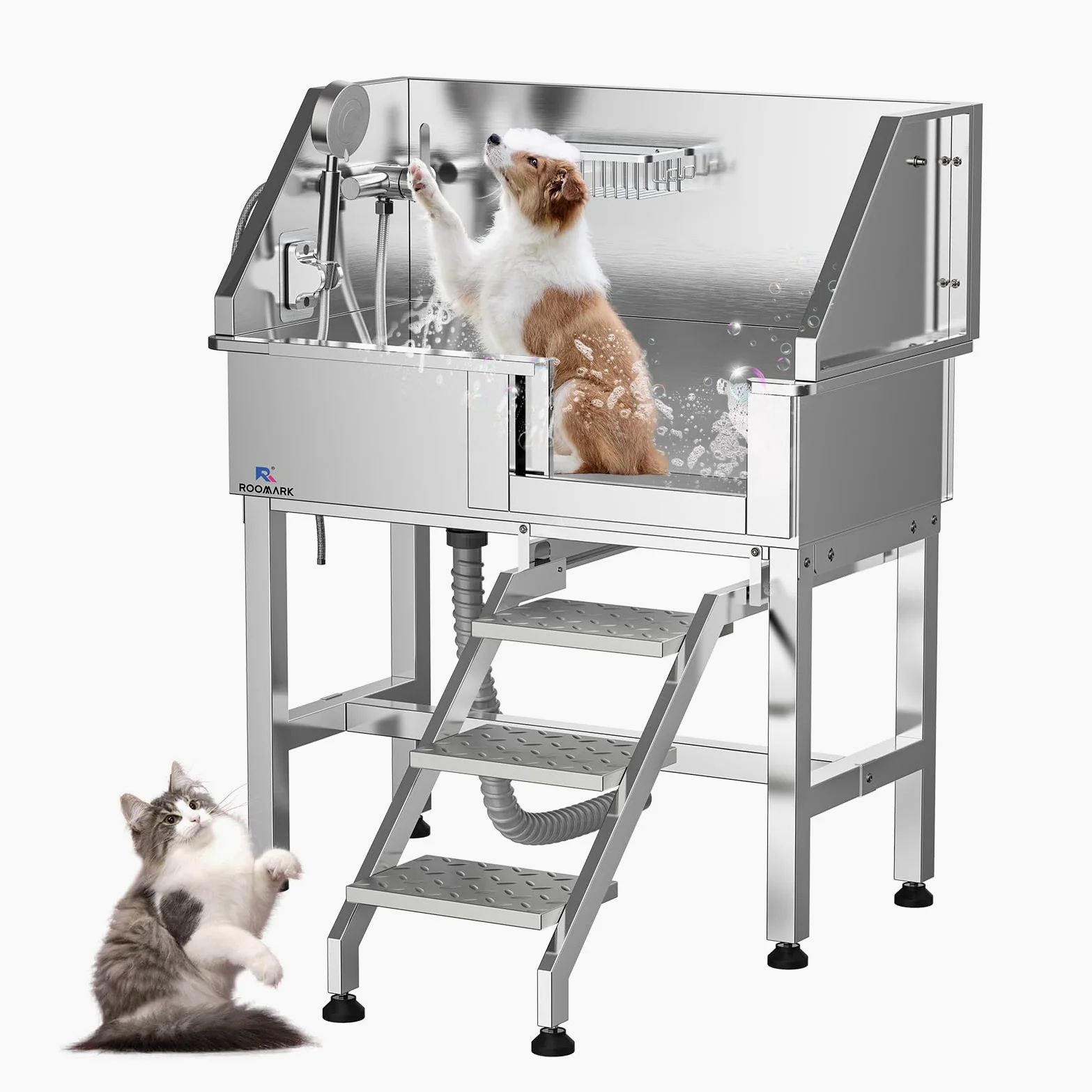 Vasca Lavaggio Cani Professionale, Bacinella Grande per Cani con Scale, Soffione, Porta Scorrevole, Capacità di Carico 50KG, Vasca da Bagno per Animali Medi & Piccoli (Porta Sinistra)