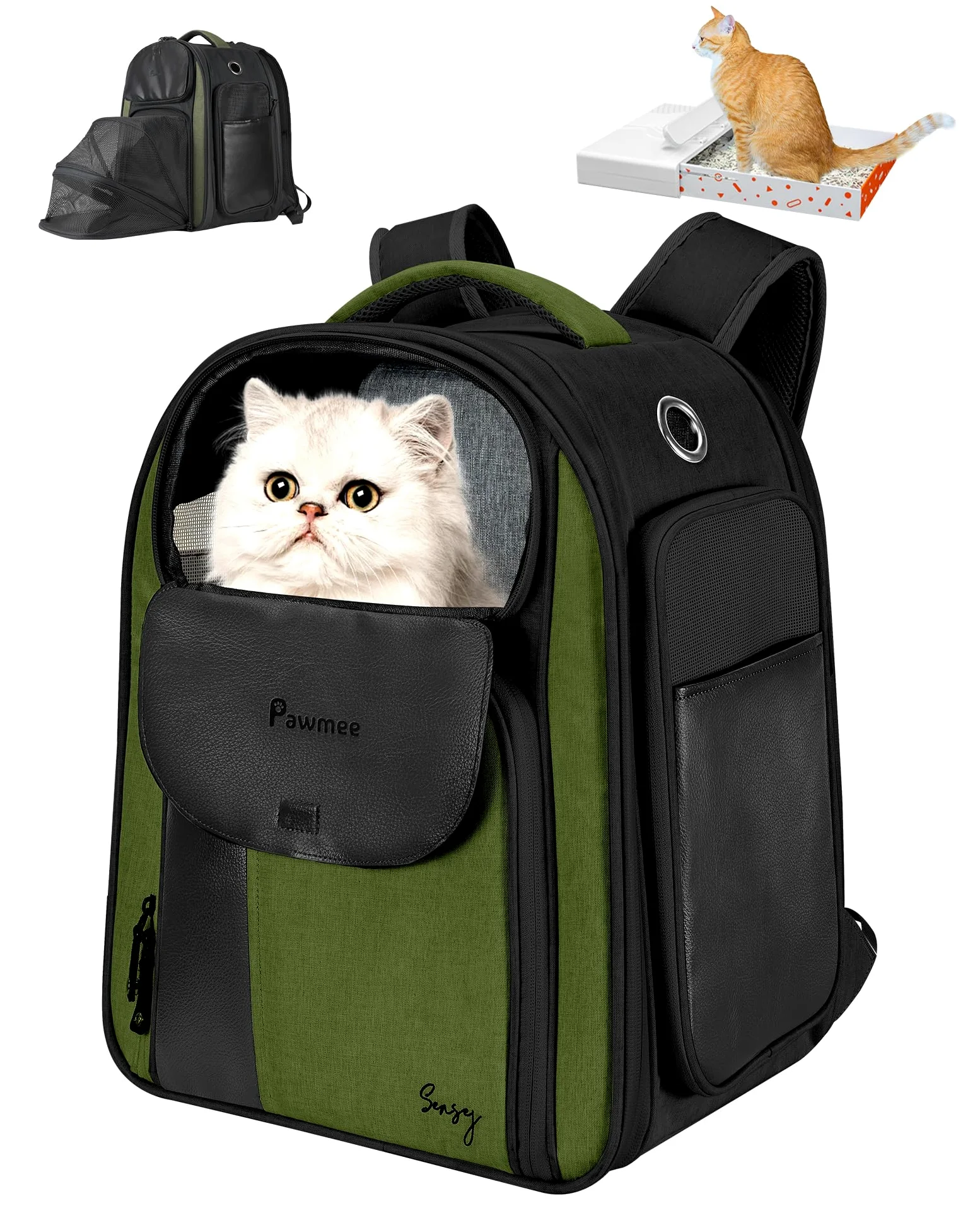 Zaino per Gatti con Portalettiera, Pawmee x Sensej, Portatile e Salvaspazio, Zaino Espandibile con Rete Traspirante, per Gatti Fino a 8kg, Ideale per Viaggi, Escursioni, Black Green