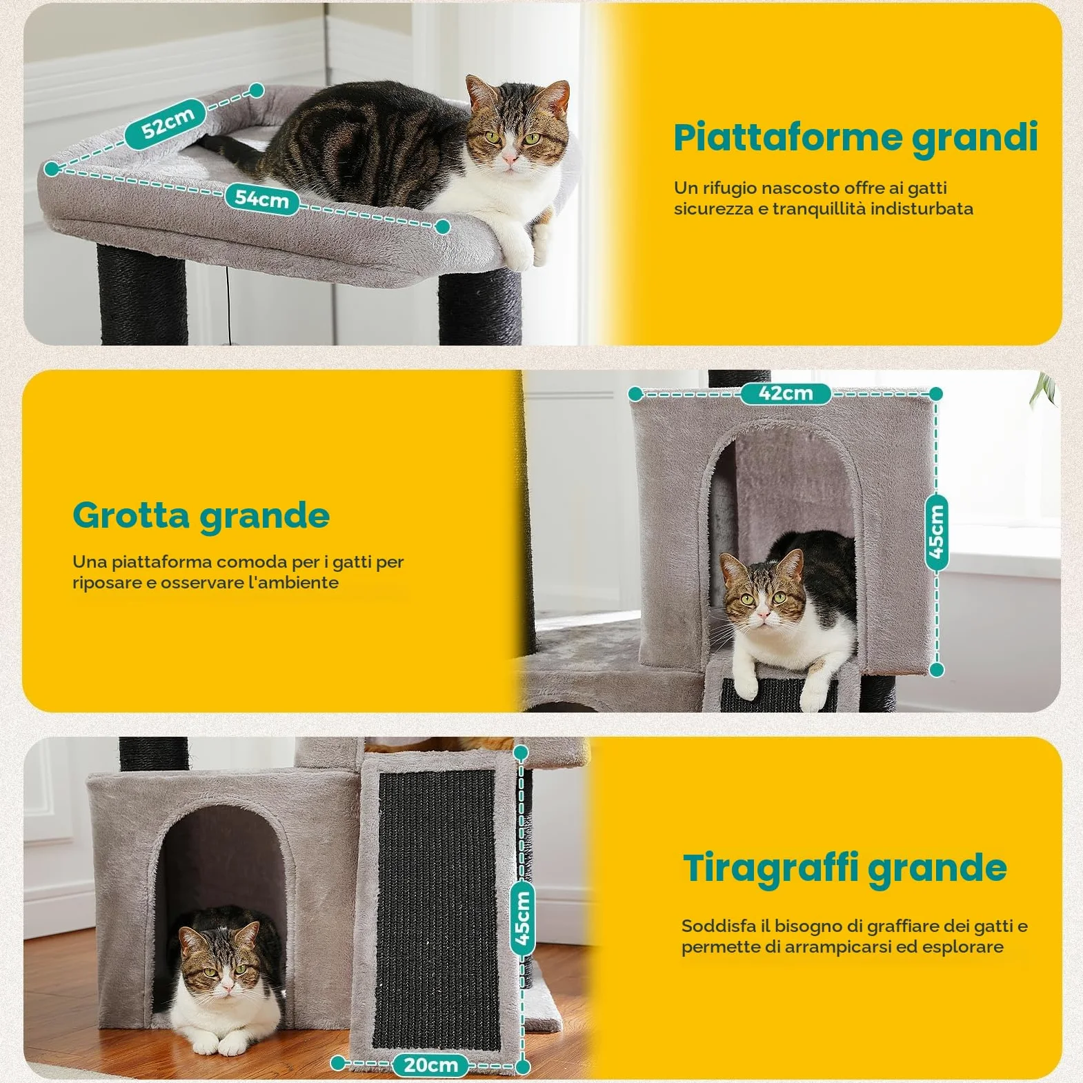 PETEPELA Grande tiragraffi spessore 11 cm tronchi con doppia grotta estremamente grande, completamente rivestito in sisal, adatto per gatti di grandi dimensioni, 114 cm, colore: nero/grigio