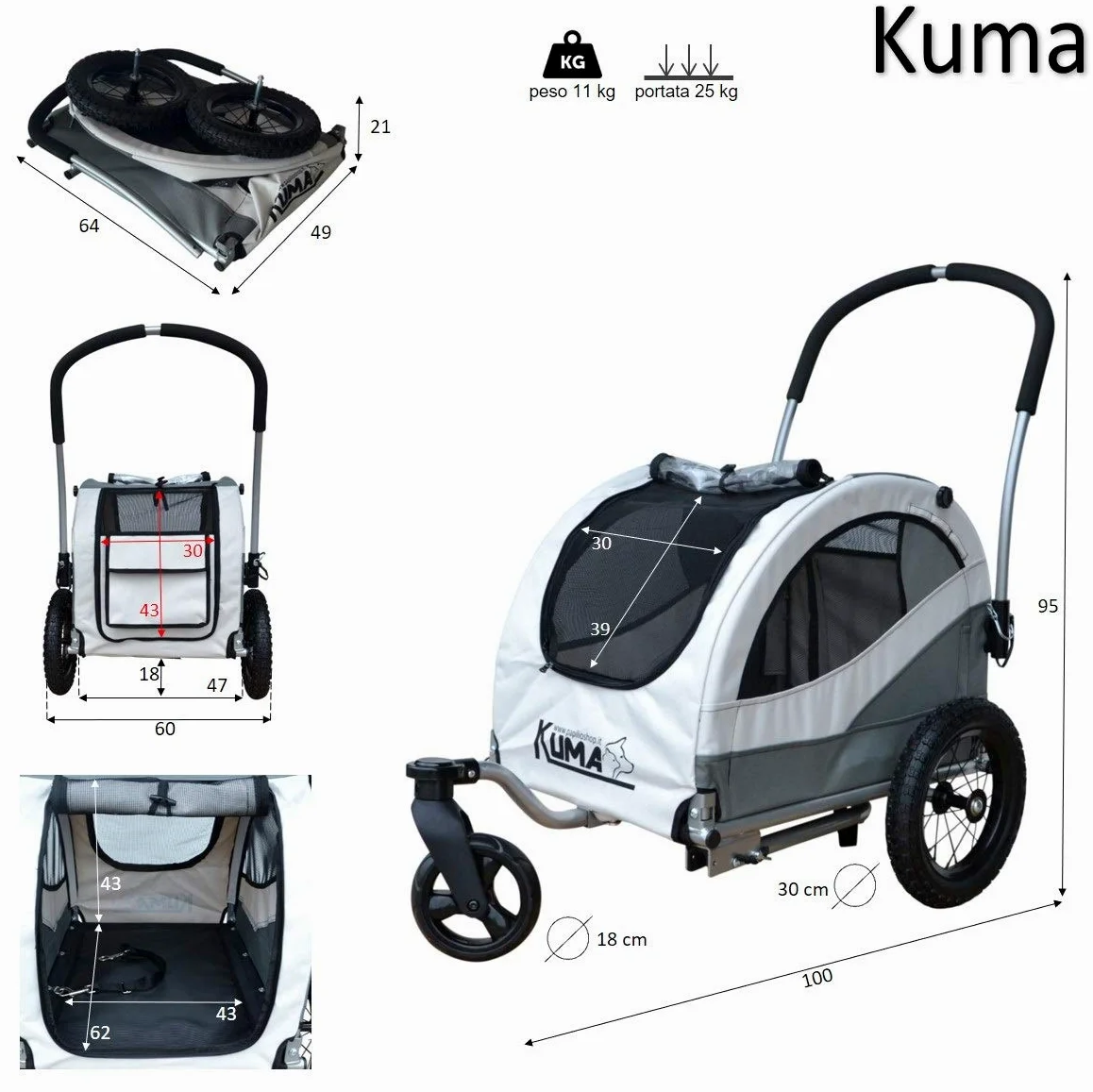 PAPILIOSHOP KUMA: Rimorchio Multifunzionale per Bici e Passeggino - Trasporto Sicuro di Cani, Gatti e Animali Domestici, Ideale per Escursioni, Campeggio e Attività All'Aperto
