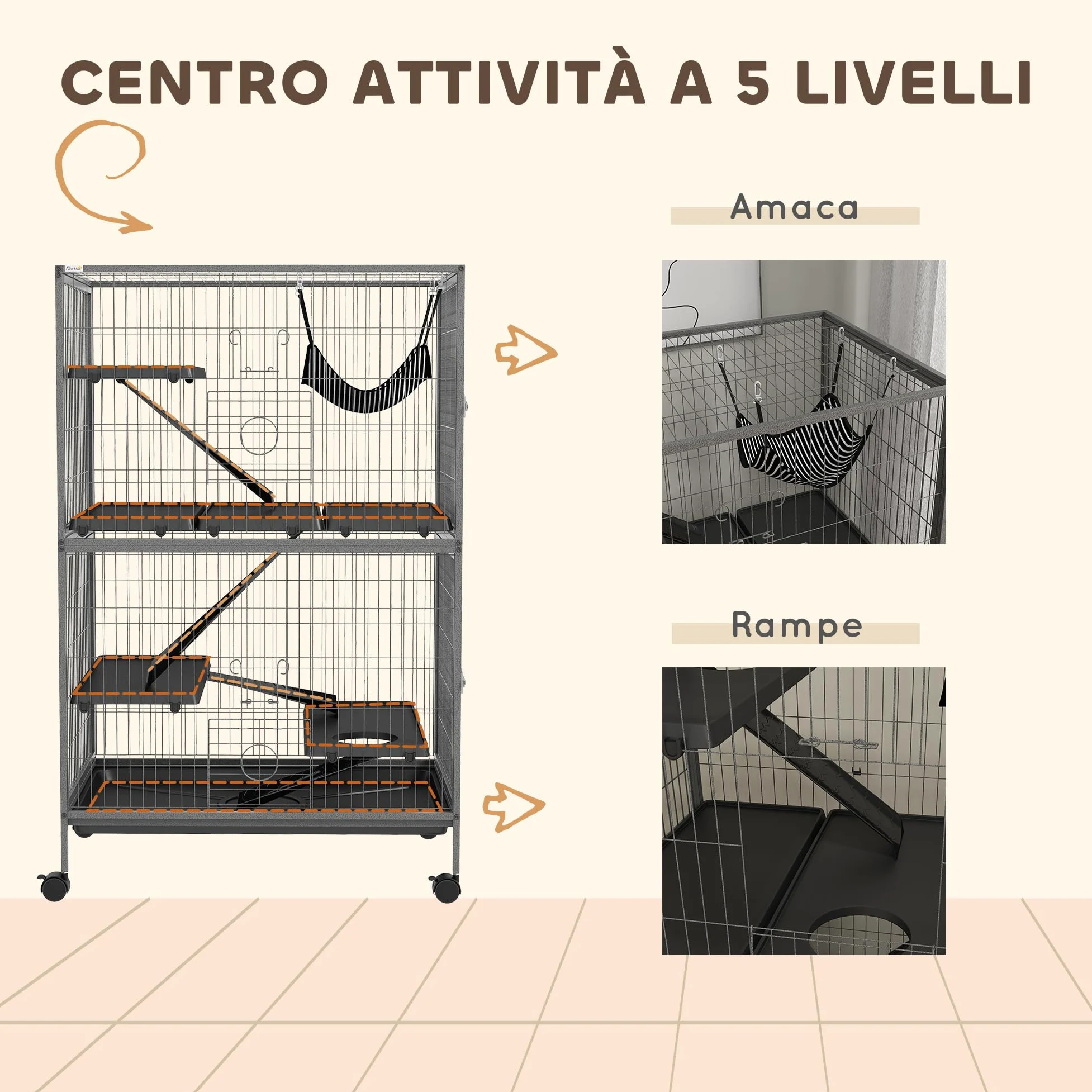 PawHut Gabbia per Animali Piccoli con 4 Ingressi a Livelli Multipli con Amaca, Gabbietta per Roditori, Furetti, Cincillà in Metallo e PP, 80x52x128 cm, Argento e Grigio