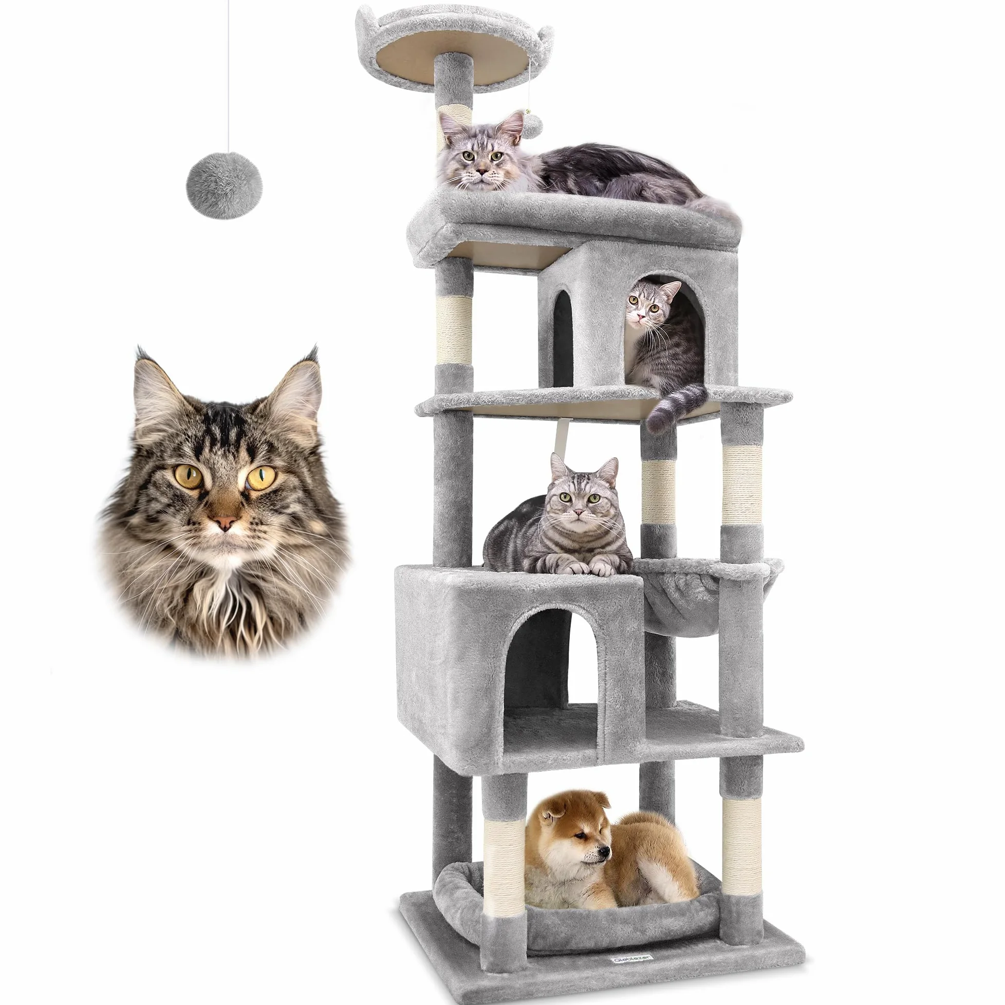 Globlazer Tiragraffi per Gatti Grandi, Castello per Gatto Alto 183 cm con Grotte Piattaforma Cesto Cuccia, Albero Gatti Stabile per Adulti Maine Coon Riposare Giocare Interno (S72, Grigio Scuro)