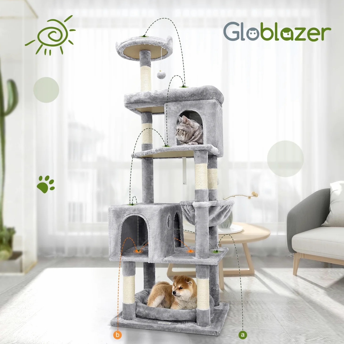 Globlazer Tiragraffi per Gatti Grandi, Castello per Gatto Alto 183 cm con Grotte Piattaforma Cesto Cuccia, Albero Gatti Stabile per Adulti Maine Coon Riposare Giocare Interno (S72, Grigio Scuro)
