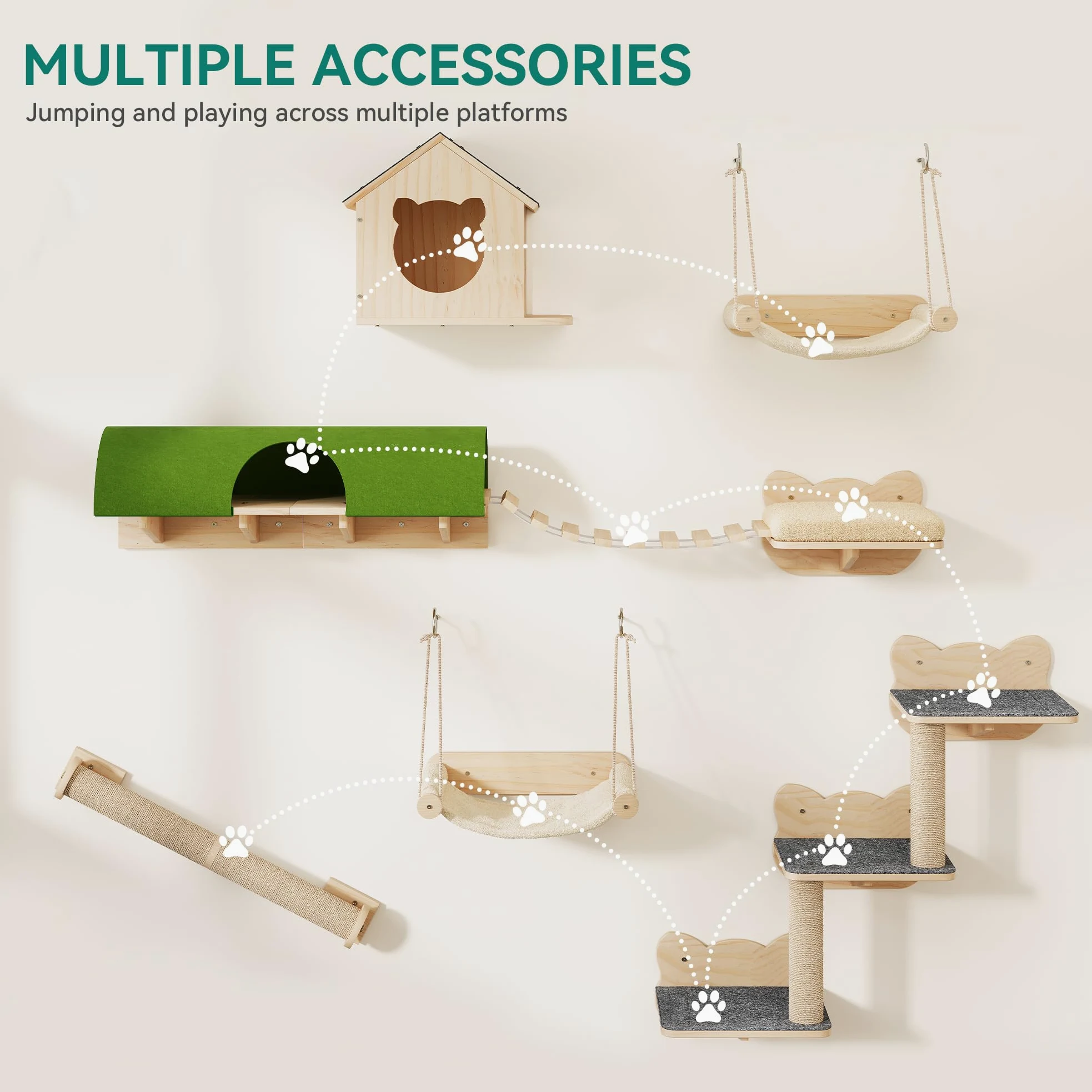 YITAHOME Set da parete per gatti in legno robusto, 7 ripiani con casa, ponte sospeso, scale, amaca e tiragraffi per dormire, giocare e riposare