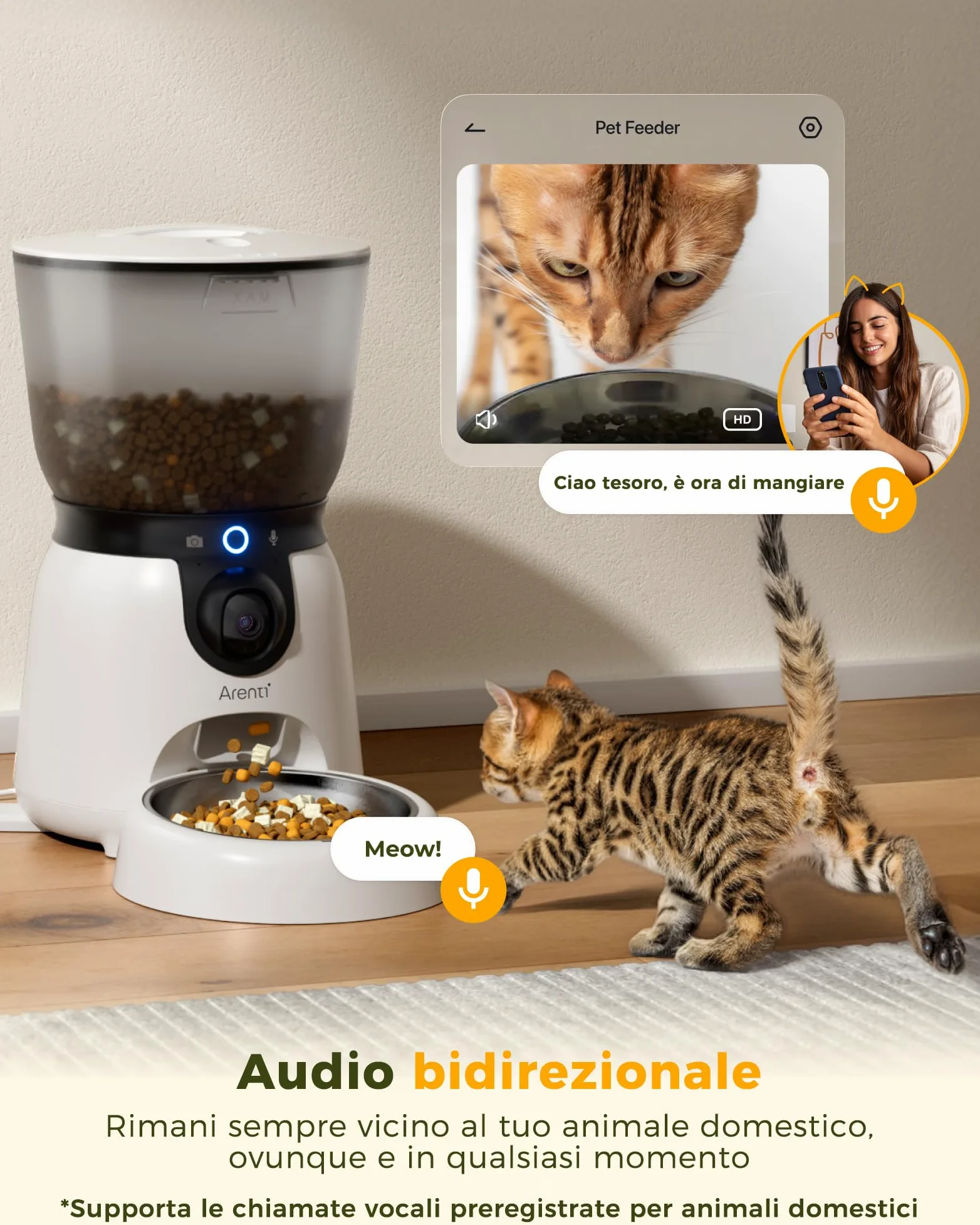 ARENTI Distributore Automatico Cibo per Gatti e Cani con Telecamera HD 2K/3MP,Fontanella per Gatti,WiFi 2.4G&5G,4.5L Dispenser Cibo Gatti/Cani con Audio Bidirezionale, Controllo APP