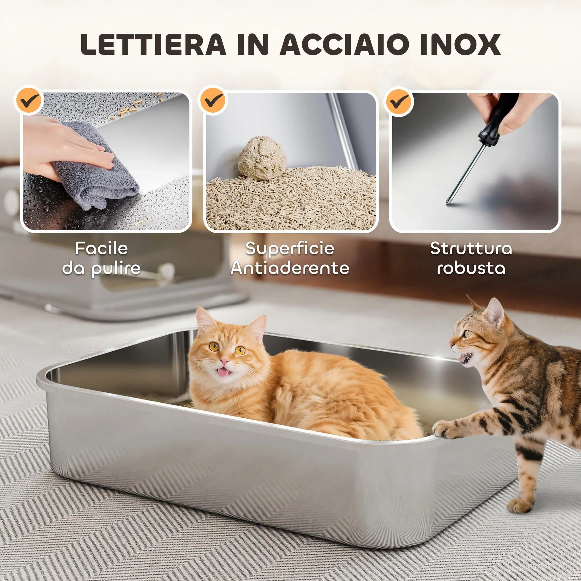 PawHut Lettiera per Gatti XXL con Coperchio in Acciaio Inox, Lettiera Chiusa con Coperchio Apribile a 90°, Doppie Porte, Paletta e Deodorante, Capacità 20 kg, 70x50x46.5 cm, Grigio