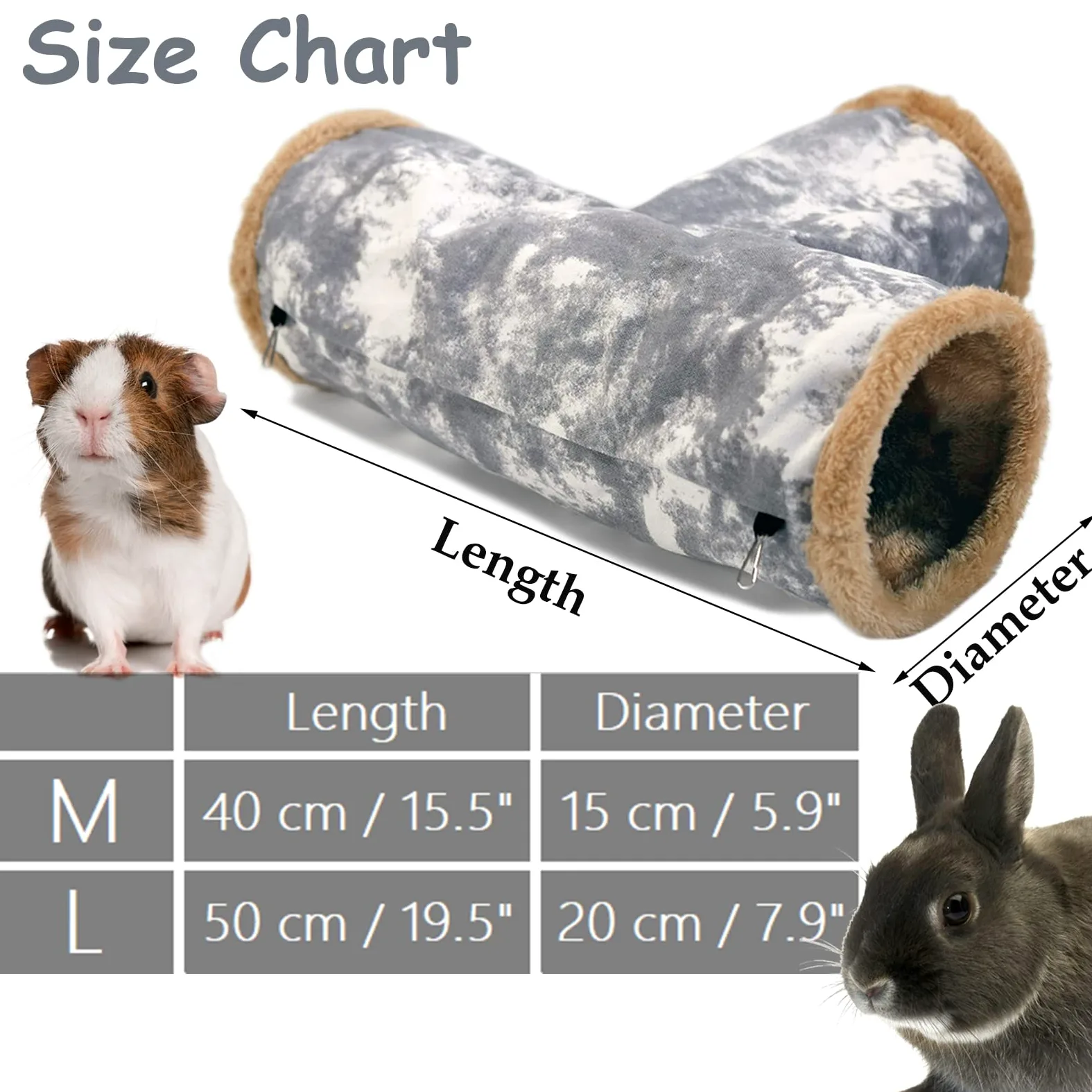 LeerKing 3 Vie Tunnel per Criceti Gioco Piccoli Animali Nascondiglio Pieghevole Caverne Gabbie Accessori Tela Lavabile Coniglio Cavia Furetti Ratti Cincillà Grigio L
