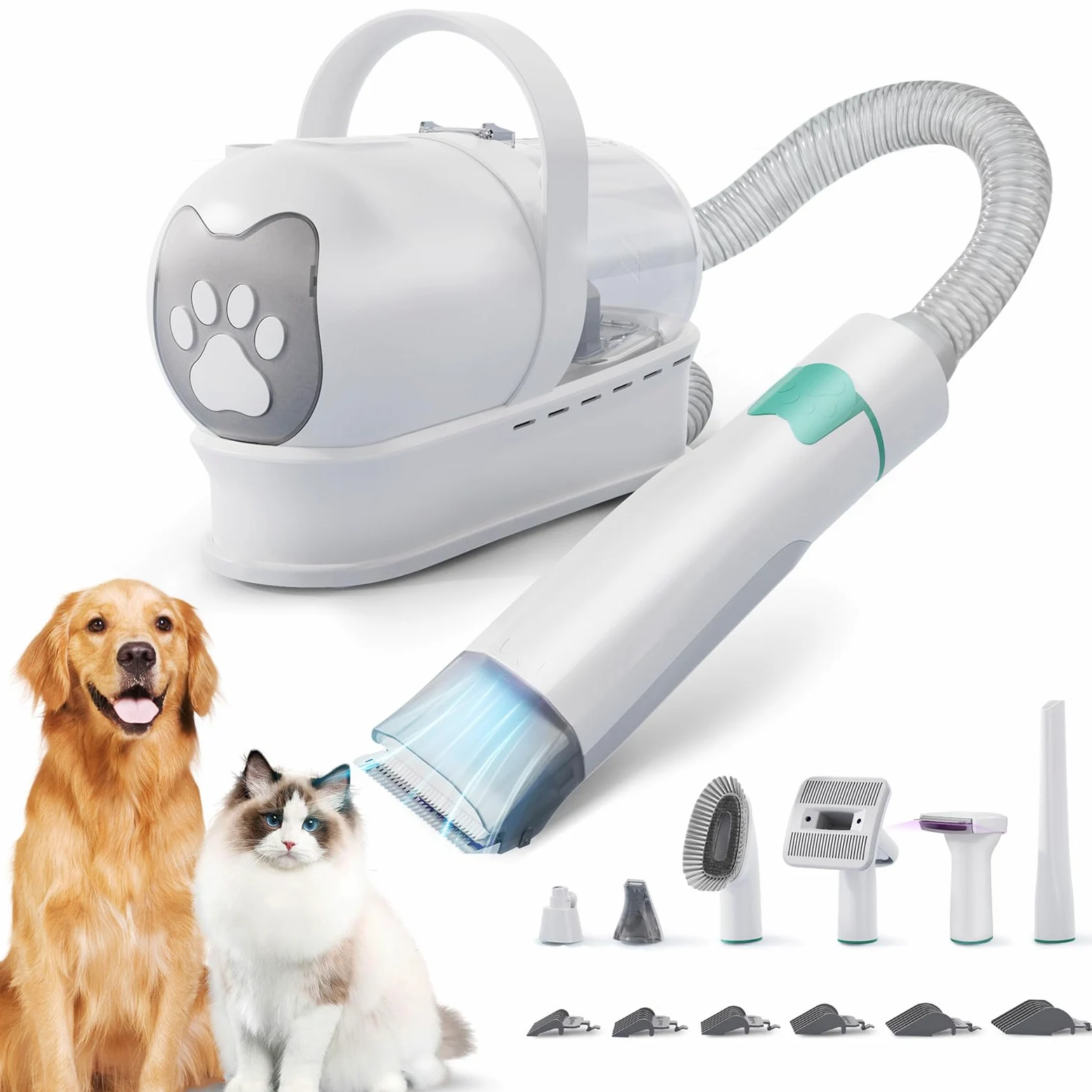Rasoio per cani con aspirapolvere, 15000Pa, set per la cura degli animali domestici con 7 strumenti di cura, 3 livelli di velocità, a basso rumore, rimozione peli di animali domestici per cani e gatti