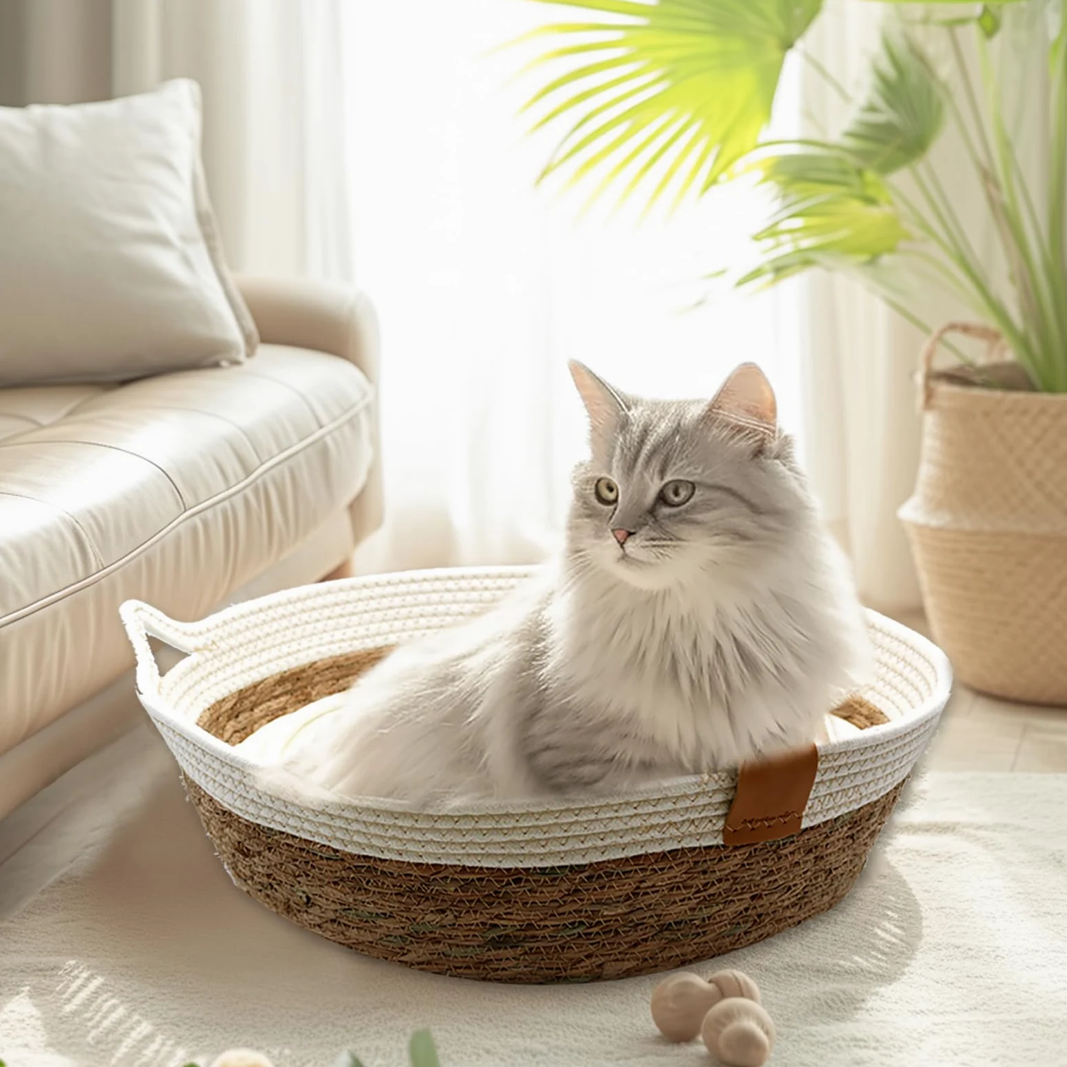 Cuccia per gatti, rotonda, in rattan e 100% cotone, 40 x 40 x 13 cm, colore marrone e bianco (cuscino in cotone)