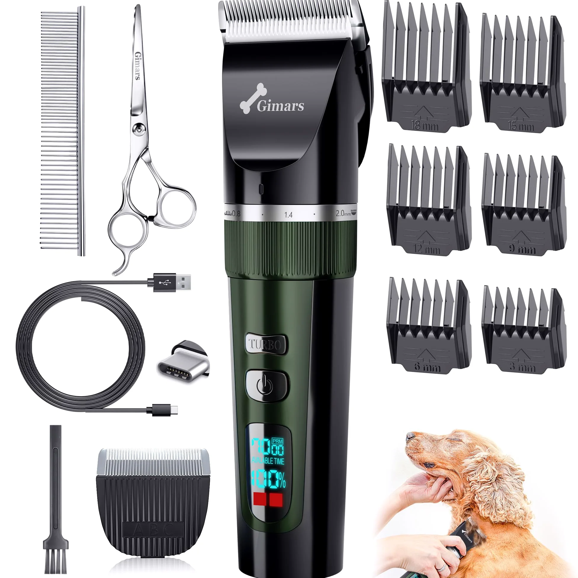 Gimars Rasoio per cani 4 in 1, 7000 giri/min, con lama di ricambio, senza fili e silenzioso, 55 dB, tagliacapelli professionale per cani, gatti e cavalli