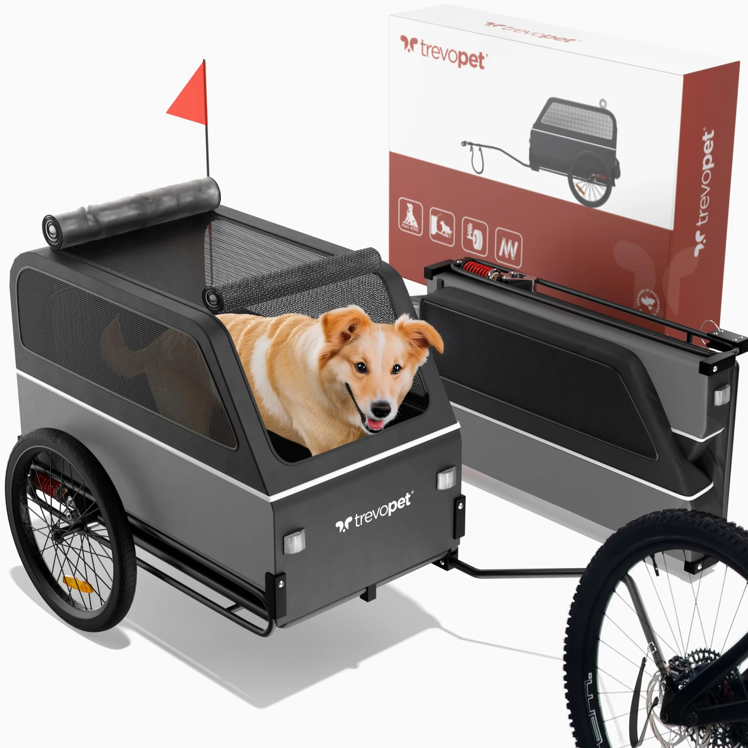 Rimorchio Bici Cani XL – Carrello per Cani Pieghevole con Rampa, Sospensioni e Gancio – Rimorchio Impermeabile fino a 45 kg – Compatibile con E-Bike – Carrello Bici per Cani