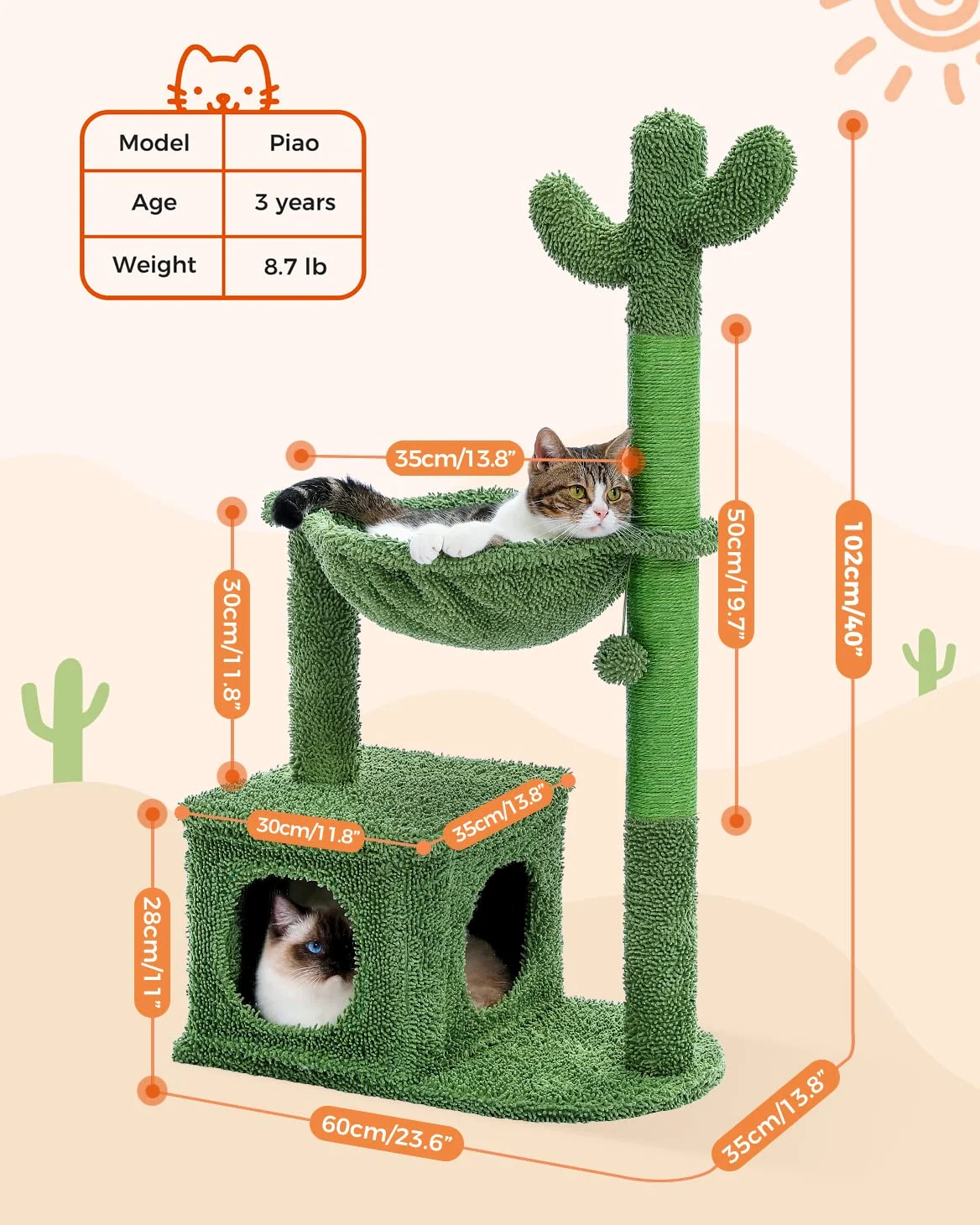 PAWZ Road Albero tiragraffi a forma di cactus per gatti interni, tiragraffi per gatti, torre da gioco per gatti con amaca, 102 cm, AY401-AMT0195GN