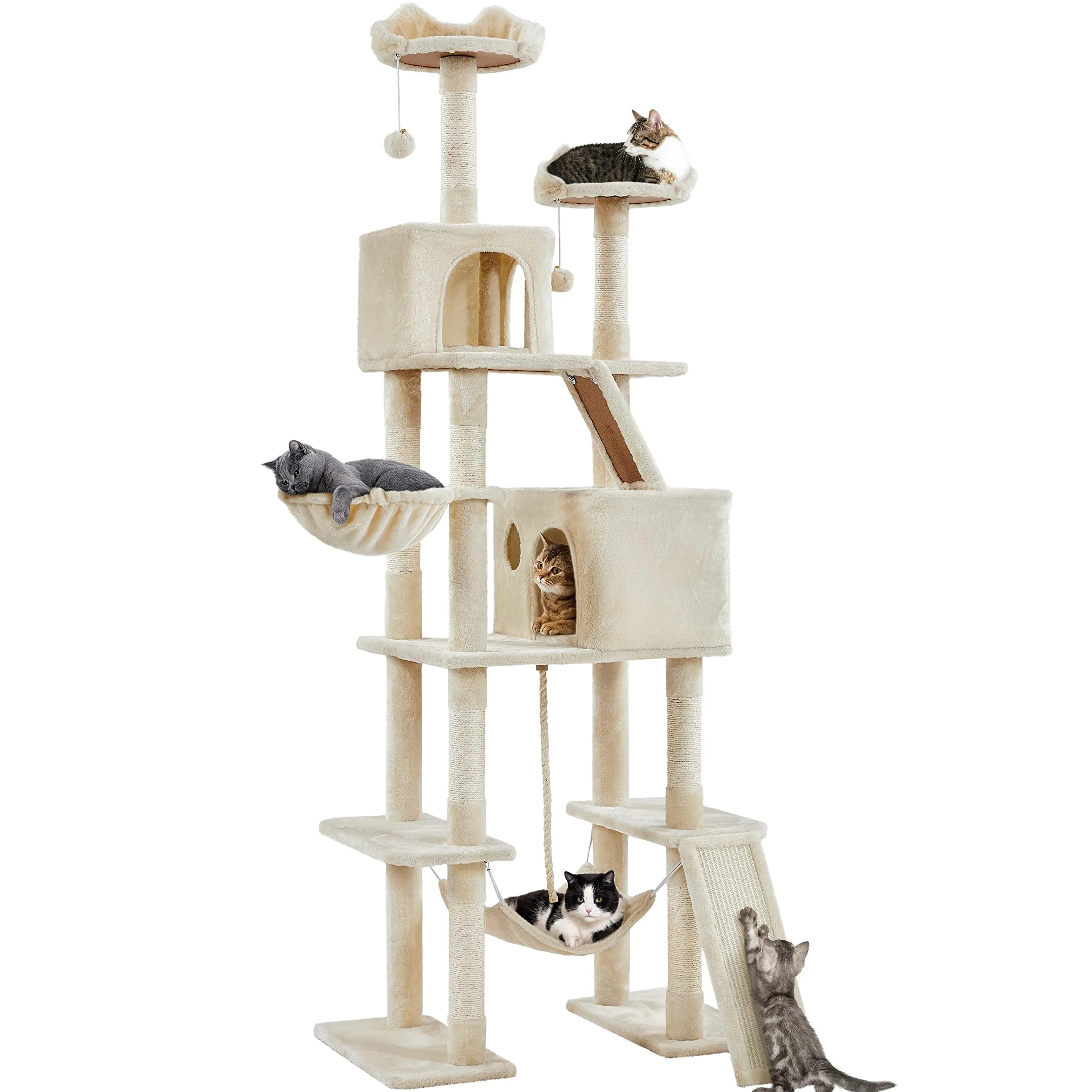 Yaheetech Albero Tiragraffi per Gatti Altezza 209 cm in Truciolato e Corda in Sisal con Condomini Posatoi e Amaca per Gioco e Pisolini Multilivello Beige