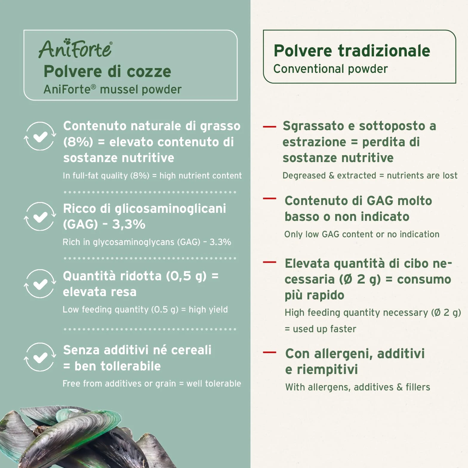 AniForte Polvere di cozze dalle Labbra Verdi per Cani e Gatti 250g – Integratori naturali in qualità di Grasso Completo, glicosaminoglicani, supporta le funzioni articolari