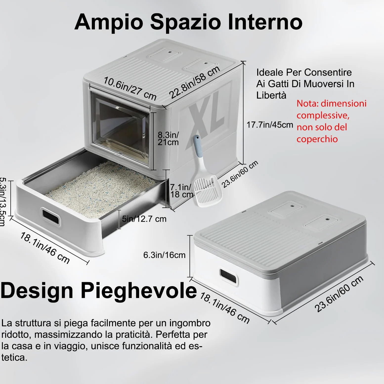 Marchul XL Lettiera per gatti grande, in acciaio inox, con coperchio e cassetto, pareti laterali alte con deflettori antispruzzo, vassoio più profondo con paletta e tappetino, inodore