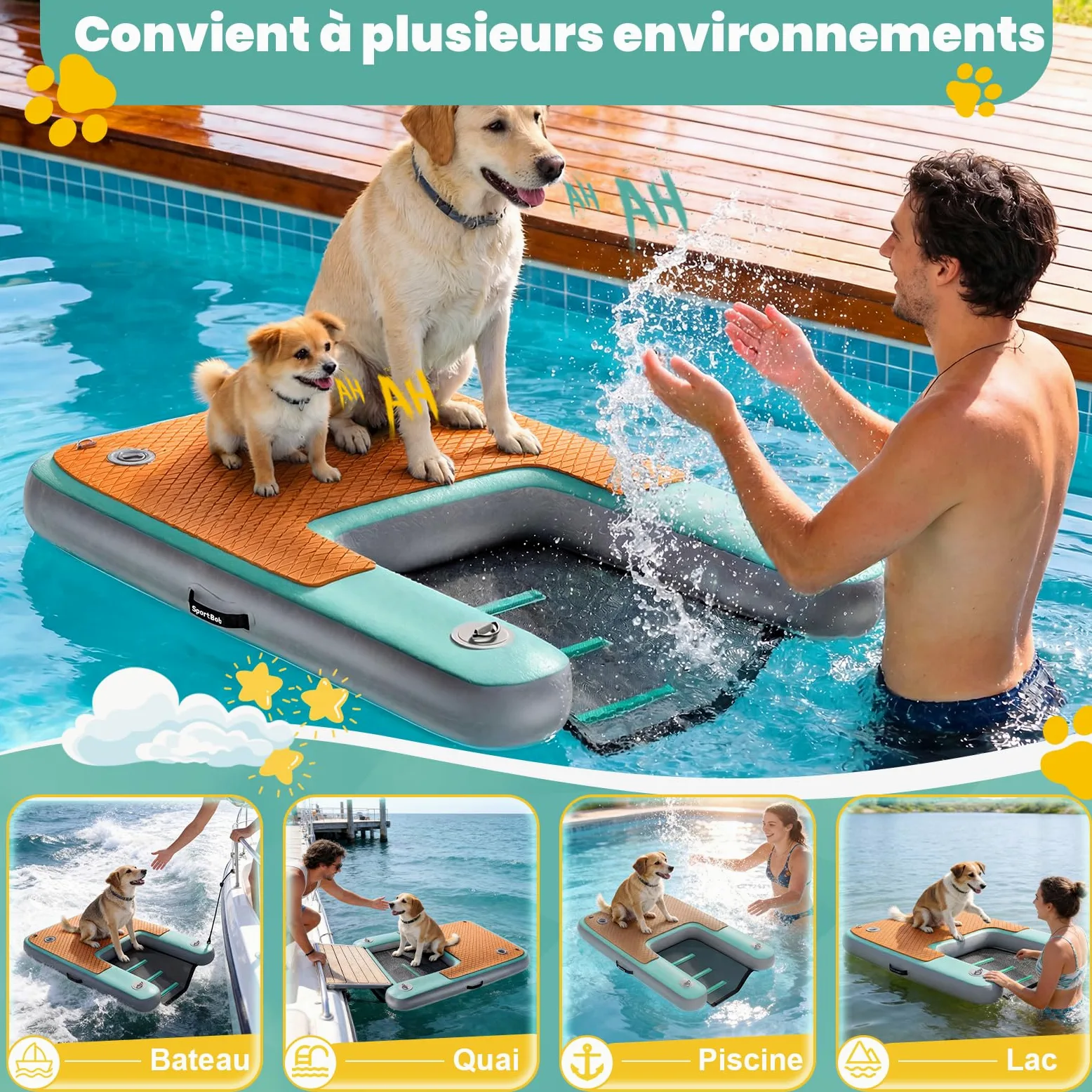 Rampa Gonfiabile per Cani 120 x 100 cm, Resistente agli Strappi e Durevole, Adatta a Cani Fino a 100kg, Ideale per l'Estate, la Piscina, le Barche, i Pontili e i Laghi