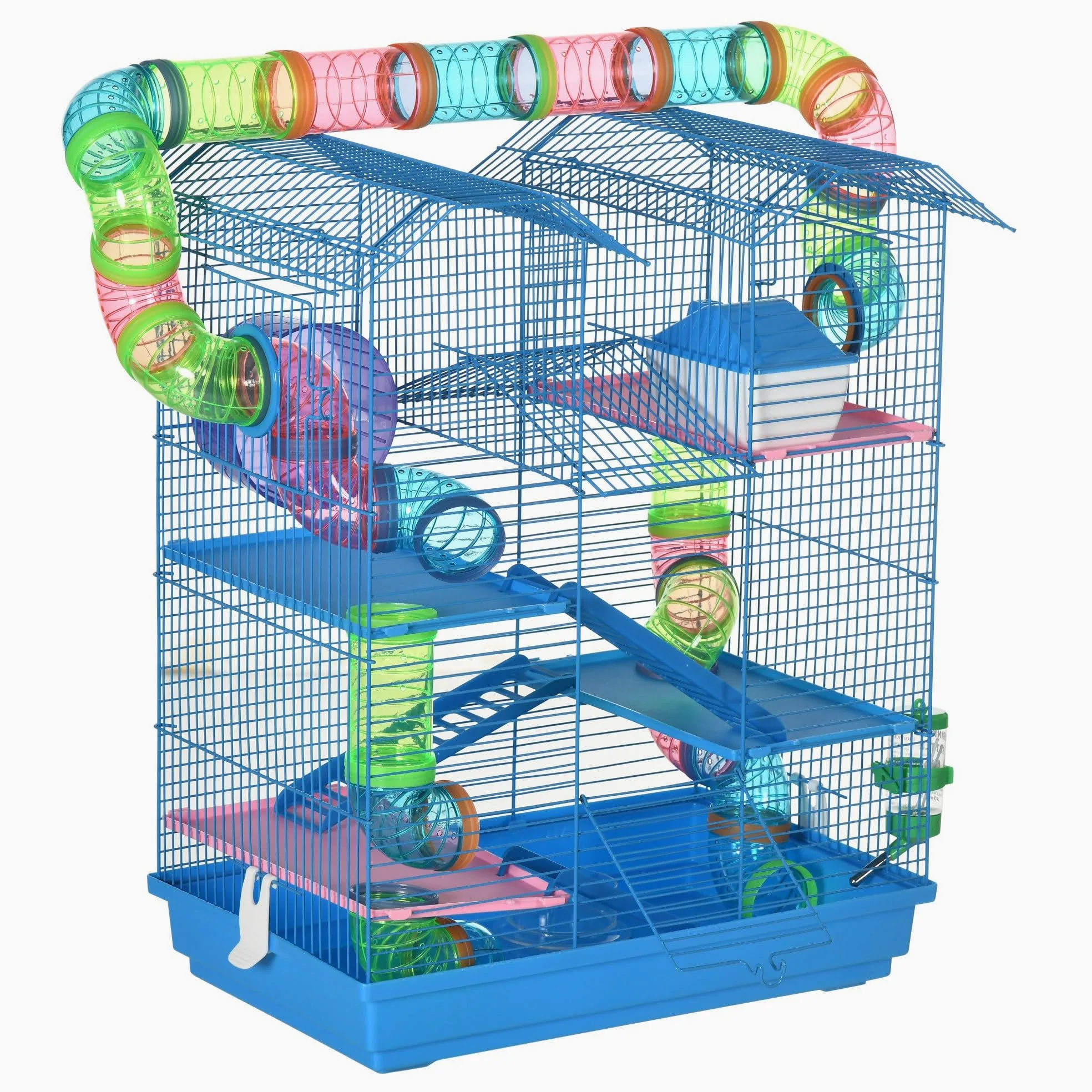 PawHut Gabbia per Criceti e Roditori a 5 Piani, Gabbietta per Criceti con Tubi Colorati, Ruota, Casetta e Accessori Inclusi, 47x30x59 cm, Blu
