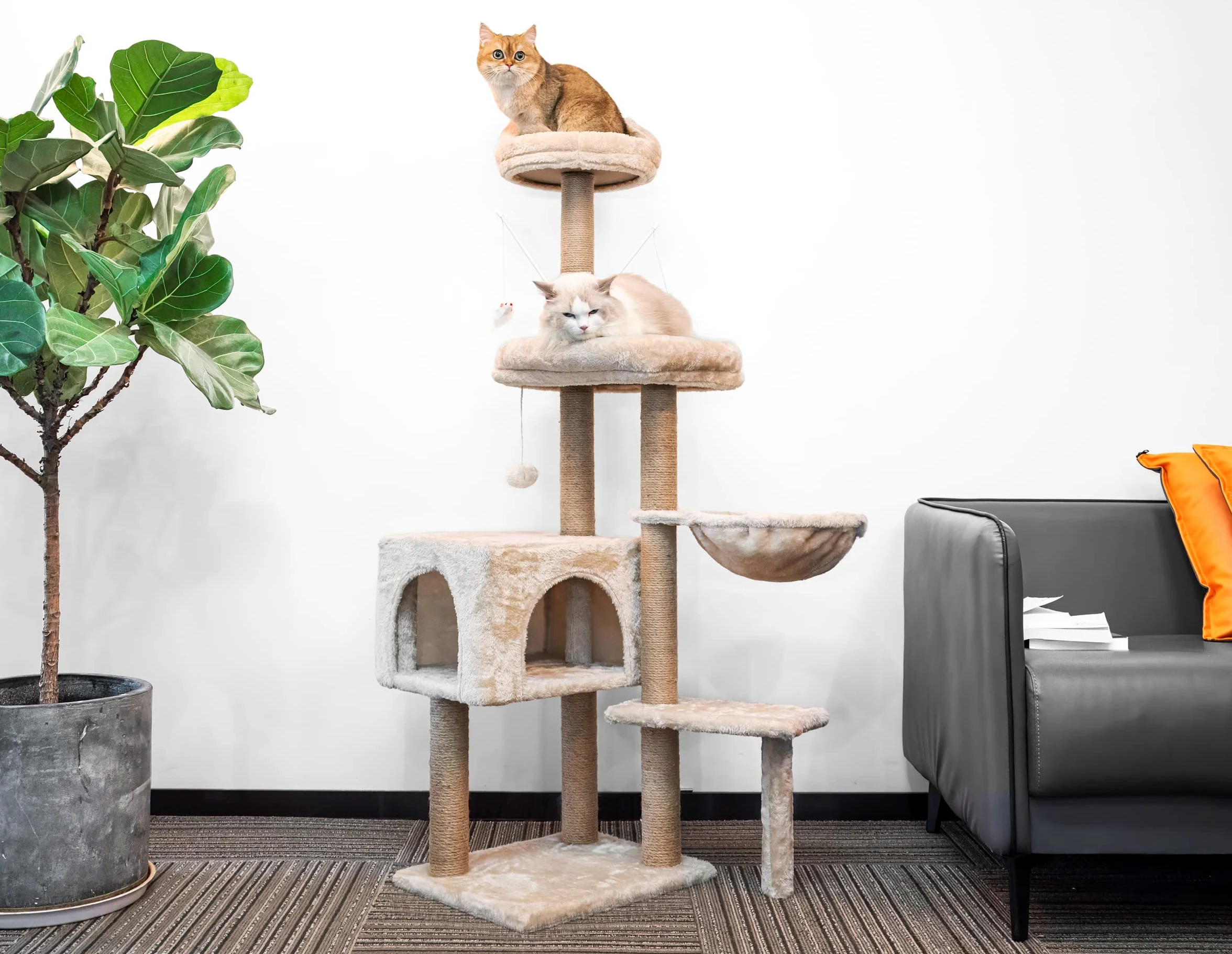 Tiragraffi per Gatti,145cm Alberi tiragraffi,tiragraffi gatto stabile multilivello,Alberi per attività per gatti con 7 pali in sisal, 5 piattaforme, 2 nidi per gatti Mobili per animali da interno