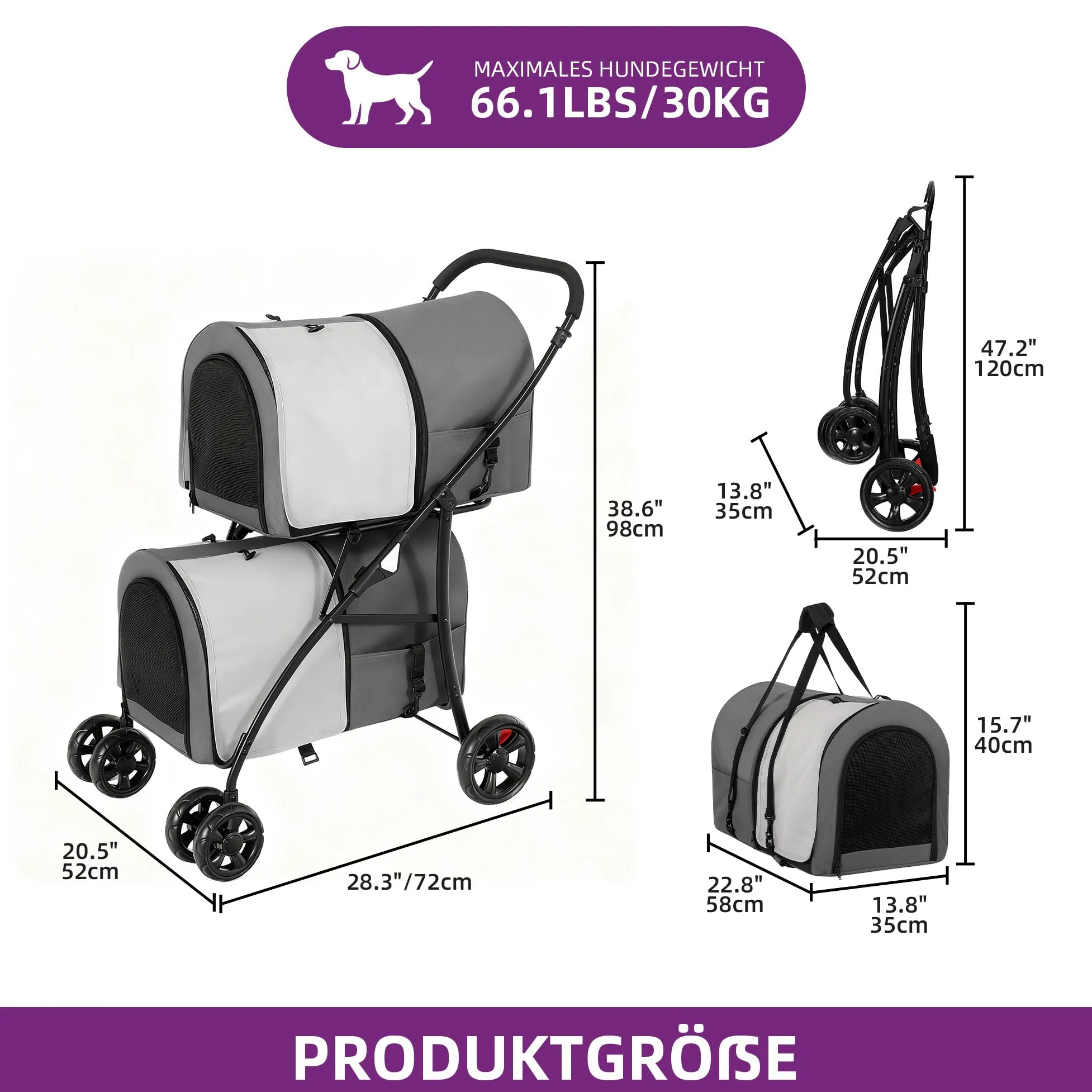 YITAHOME Passeggino per cani a doppio piano per animali domestici, portata fino a 30 kg, pieghevole, con finestra a rete, per due cani e gatti, grigio