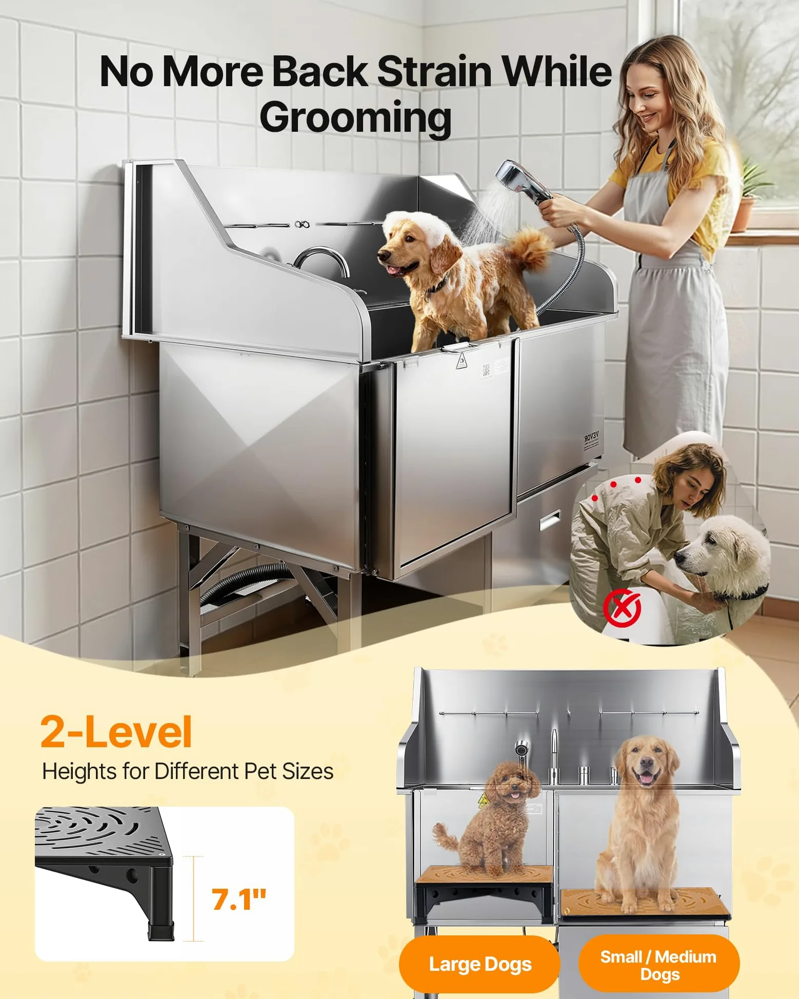 VEVOR Stazione di Lavaggio per Cani in Acciaio Inox, Vasca per Toelettatura per Animali Domestici di Grandi, Medie e Piccole Dimensioni da 127 cm con Rampa, Rubinetto e Porta Sapone, Porta Sinistra