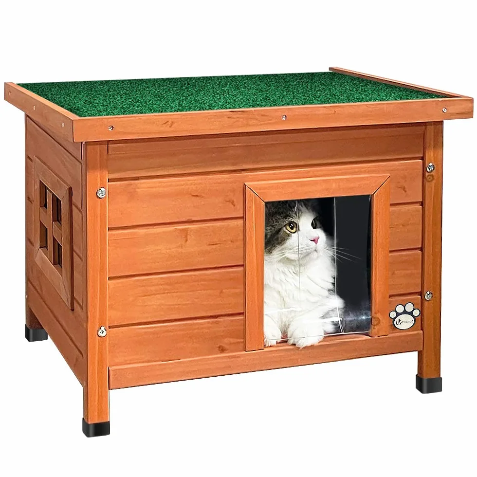 VOUNOT® Casetta per Gatti in Legno con Finestra in Plexiglas, Cuccia da Esterno Casa per Gatti con Porta e Tetto 57x45x43cm