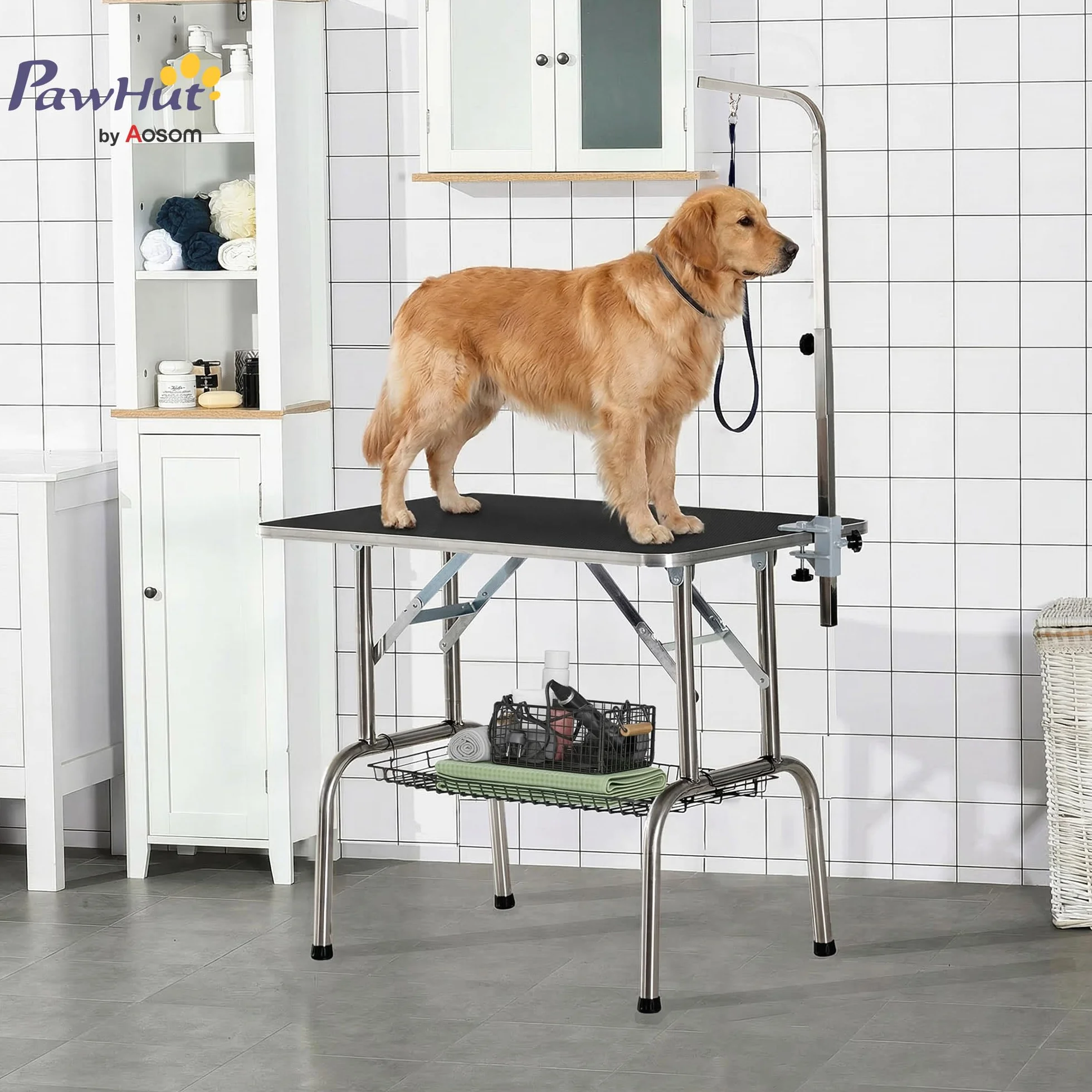 PawHut tavolo da toelettatura per animali domestici tavolo da ritaglio con cestino tavolo da toelettatura per cani tavolo da toelettatura per cani pieghevole tavolo da bagno per cani regolabile in