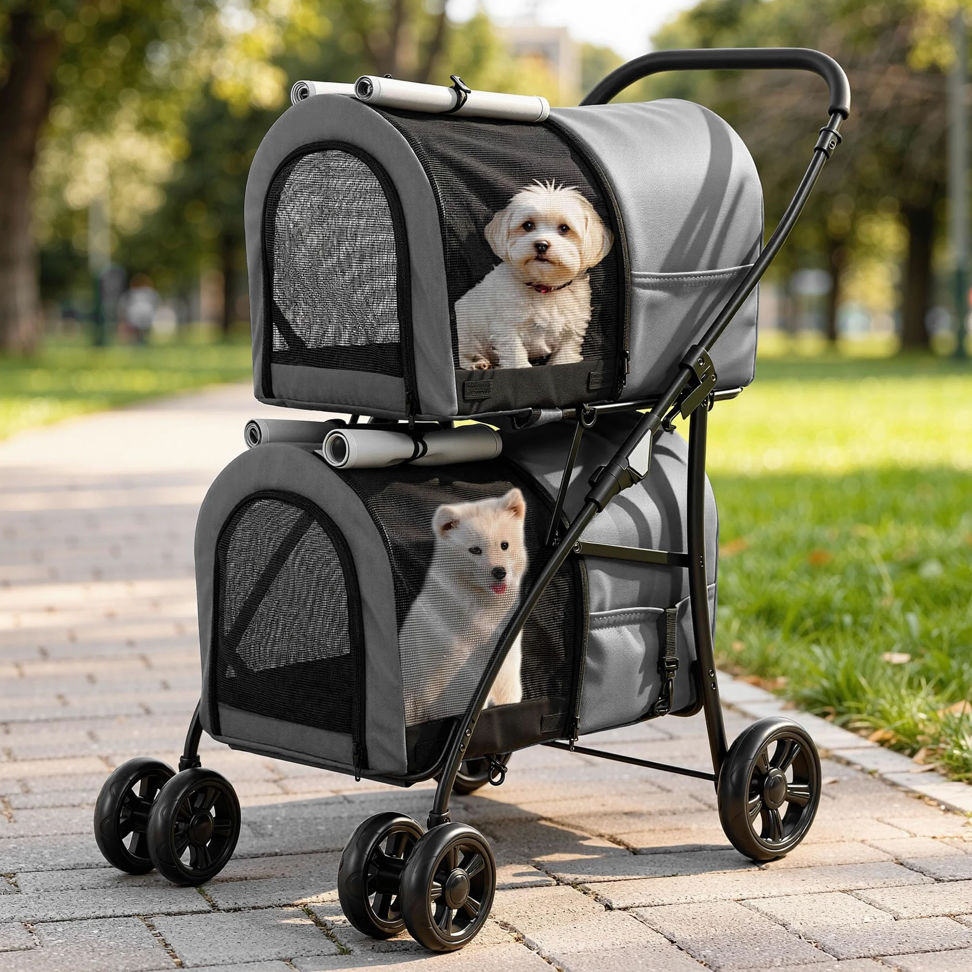 YITAHOME Passeggino per cani a doppio piano per animali domestici, portata fino a 30 kg, pieghevole, con finestra a rete, per due cani e gatti, grigio