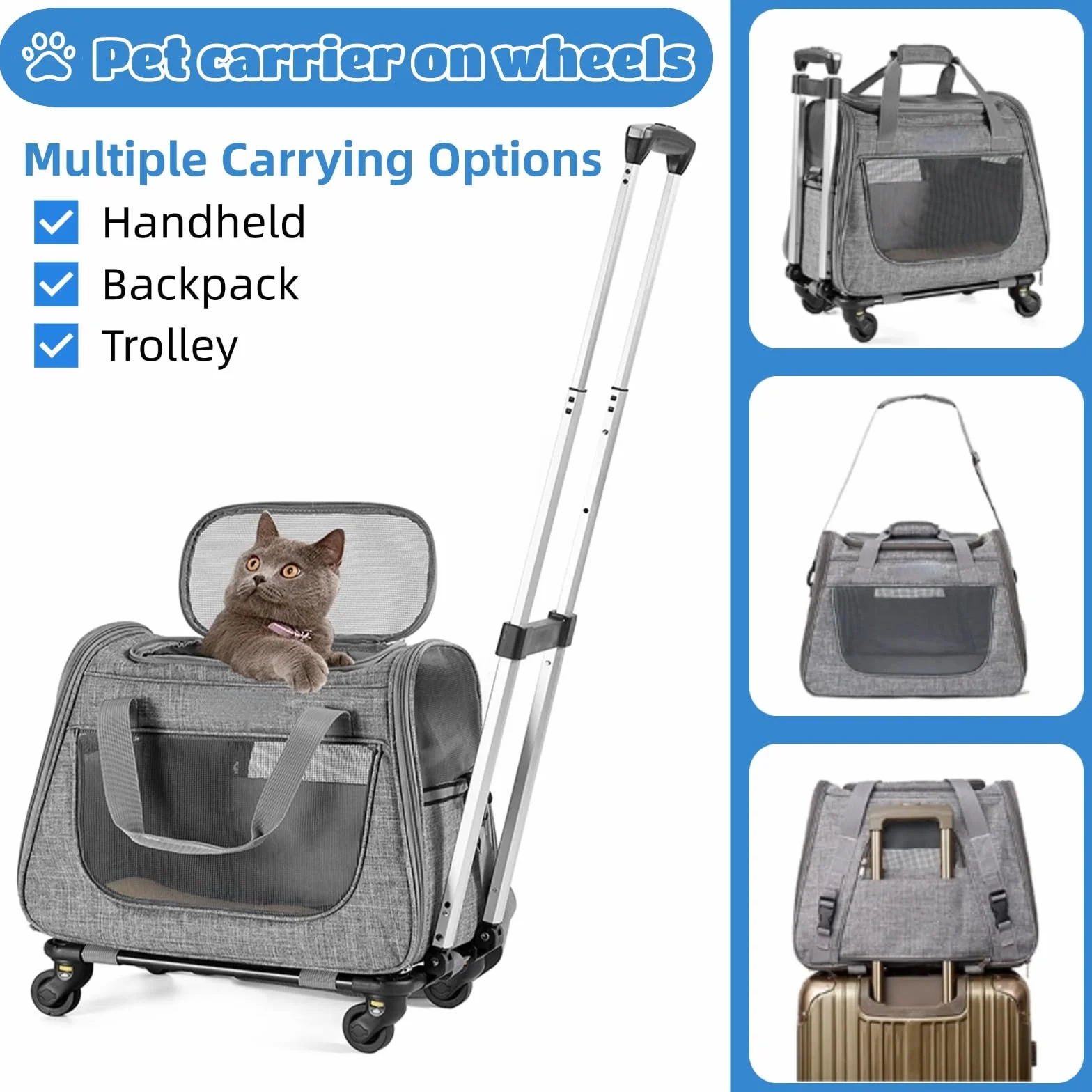 Trasportino per Gatti Cani con Ruote Trasportino per Cani Domestici su Ruote Trasportino da Viaggio per Animali Domestici 2 in 1 Trolley per Gatti con manico e tracolla