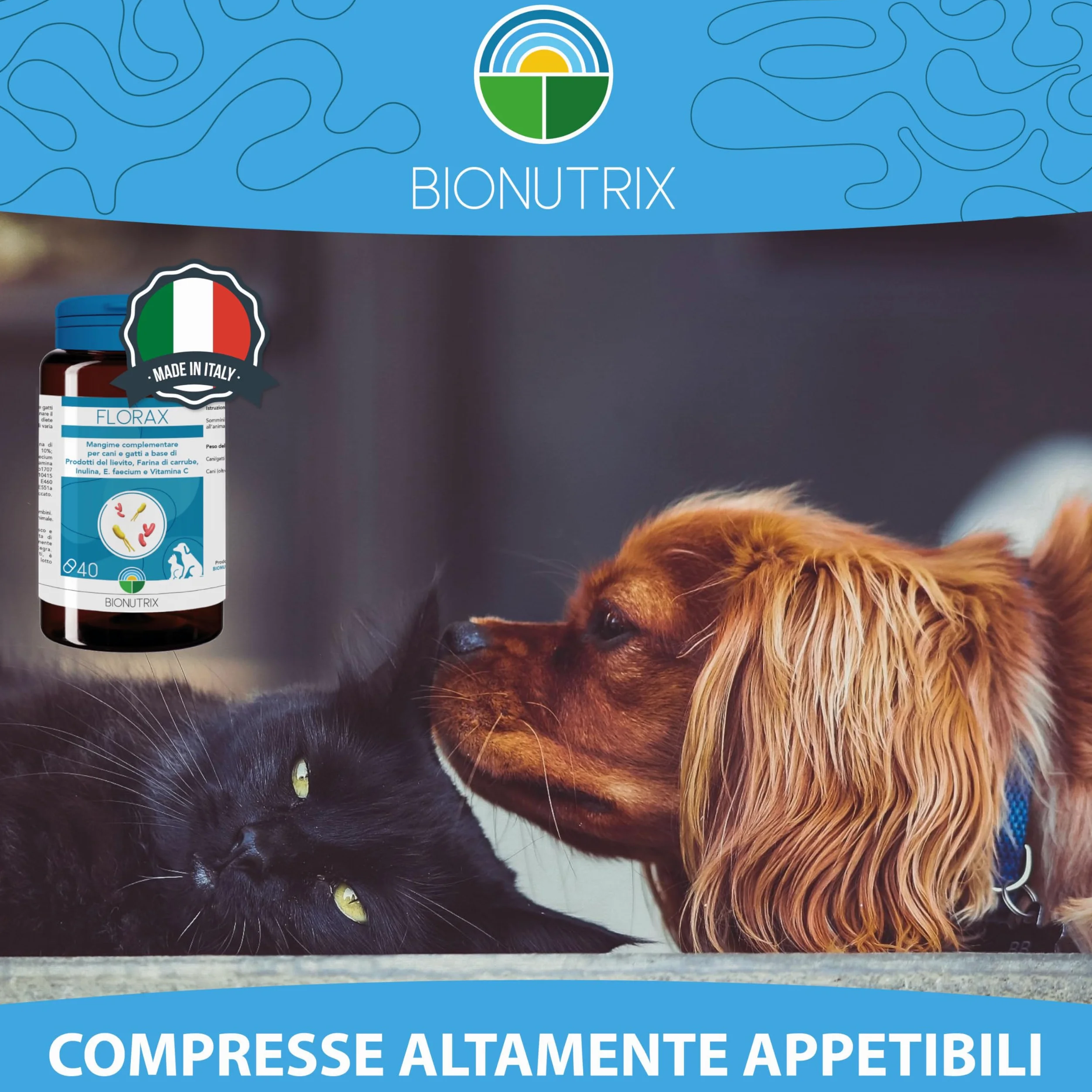 FLORAX | Probiotico per Cane e Gatto | 40 CPR Appetibili | Alto Dosaggio | Integratore Alimentare | Ripristino Flora Intestinale | MOS, E.faecium, Farina di Carrube, Inulina e Vitamina C | BioNutrix ®