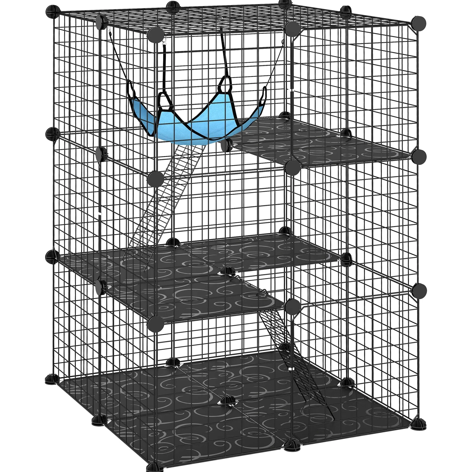 PawHut Gabbia per Gatto a 3 Livelli con Amaca, Piattaforma e Scalette, Gabbia per Animali Domestici in Acciaio e PP, 70x70x105 cm, Nero e Blu