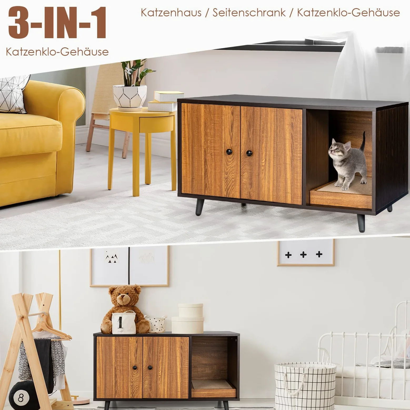 FANTASK Casetta laterale 2 in 1, tavolo e armadietto per gatti con 2 ante, tavolino da caffè e lettiera per gatti, in legno, con design impermeabile, buona circolazione dell'aria, 90 x 50 x 50 cm