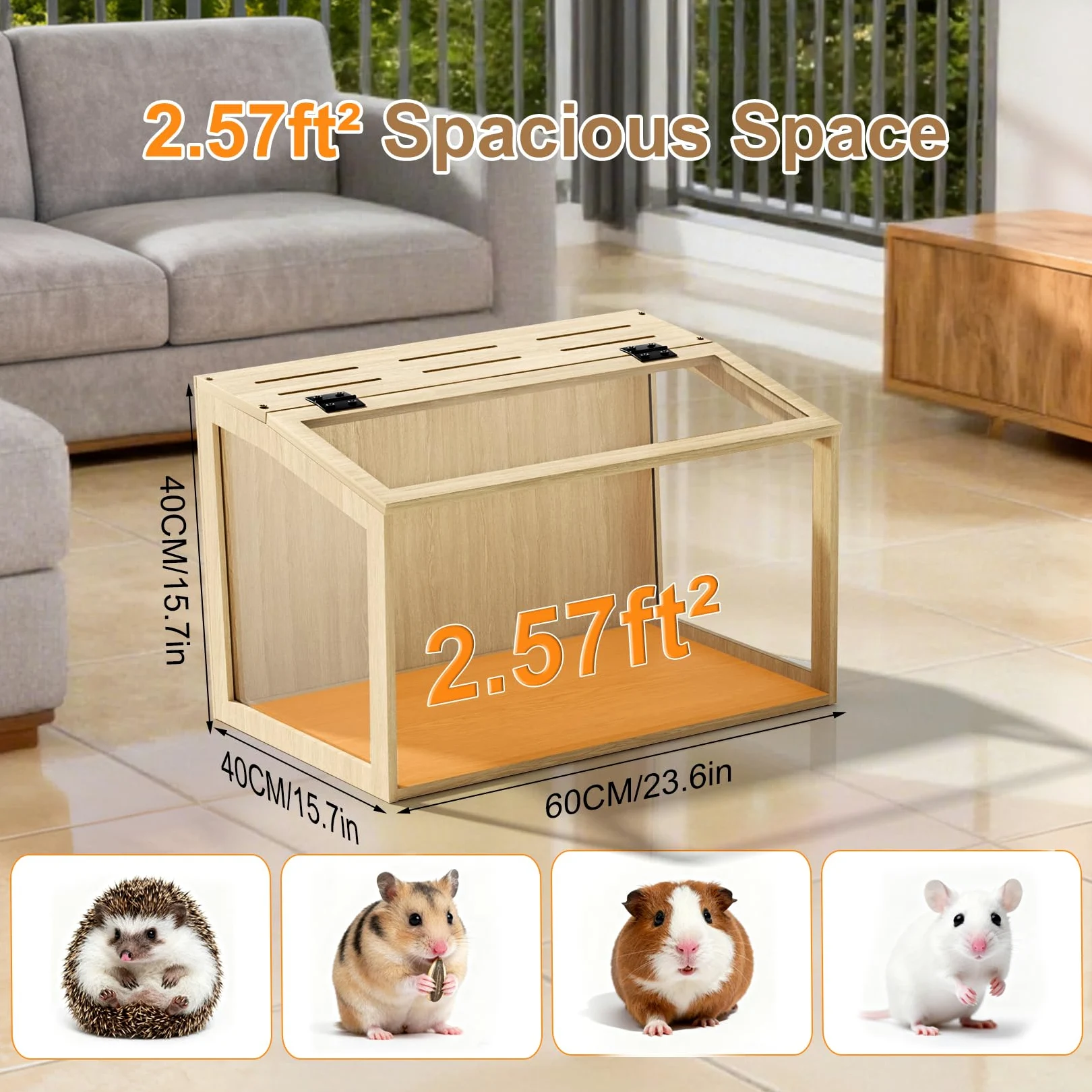 BingoPaw Gabbia per Criceti 60x40x40cm: Legno e Vetro temperato Trasparente con Luce, Gabbia Roditori Piccoli Animali Domestici, Solo Casetta Nessun Giocattolo Interno o Accessorio