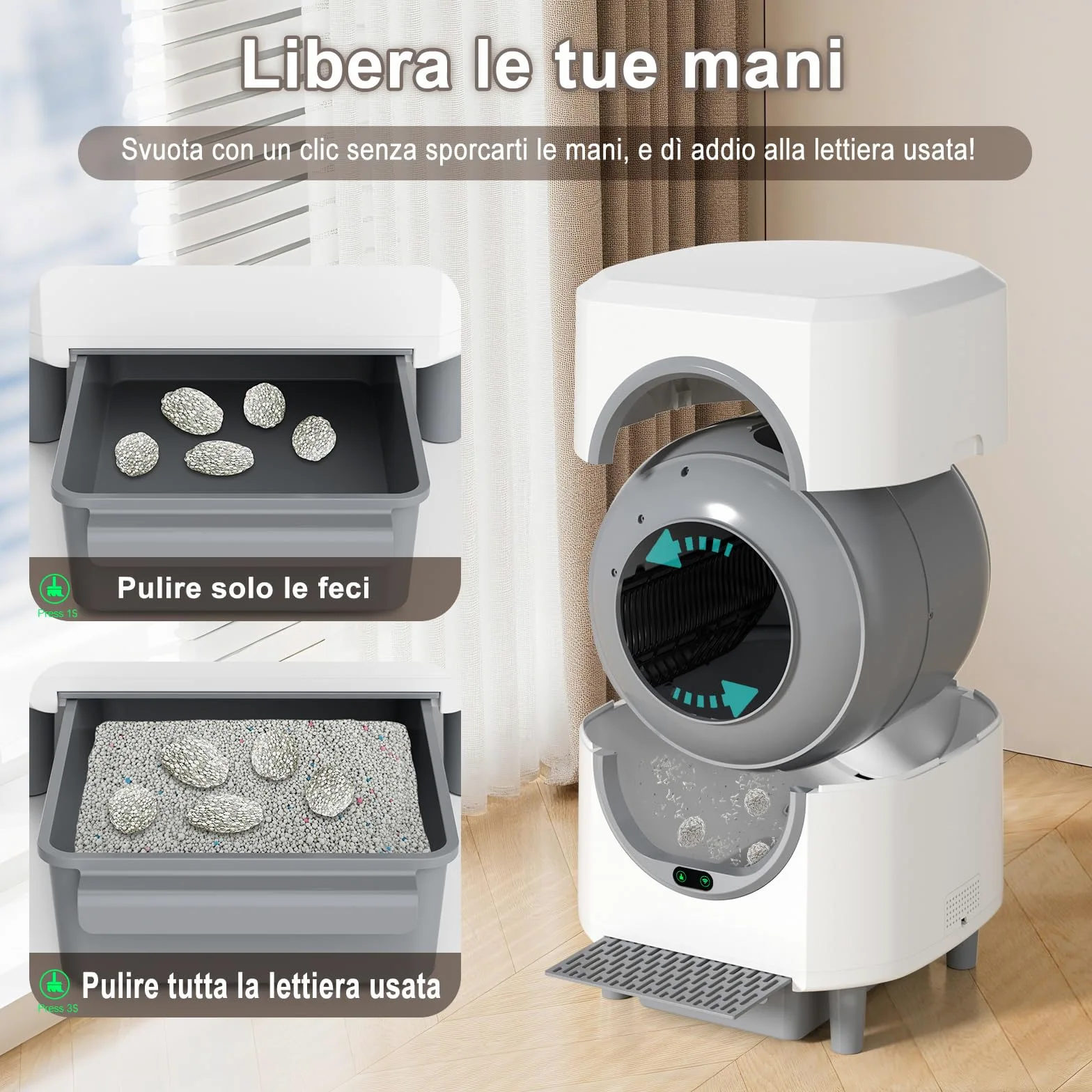 Lettiera Gatto Autopulente Silenziosa, Anti-Perdite/Schiacciamento/Odore, Lettiera Automatica Wifi per Gatti con APP, 90L Per Più Gatti, Svuotamento Con Un Solo Tasto, Facile da Pulire