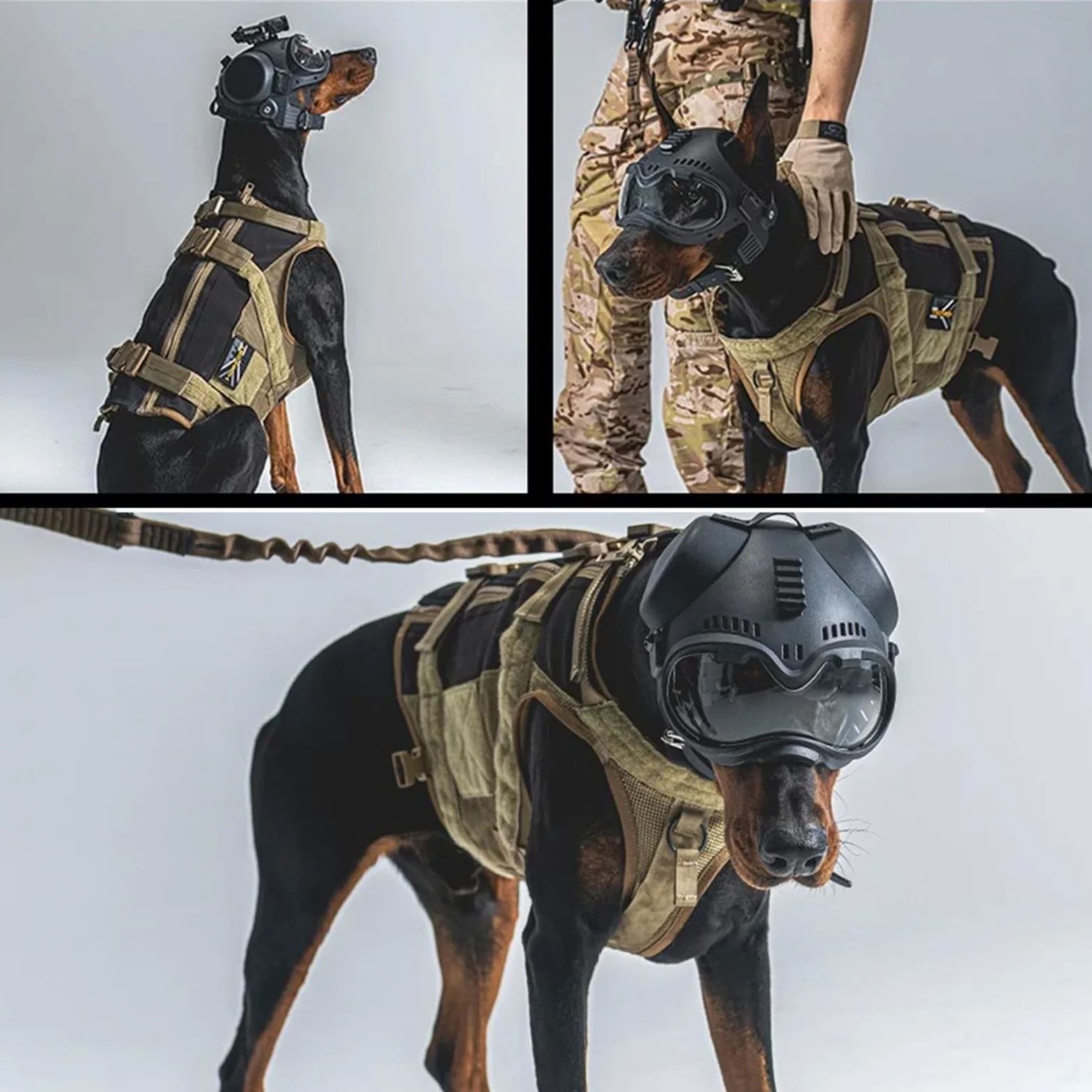 Casco tattico K9 per cani con occhiali per K9 e cani da lavoro militari con protezione per le orecchie rimovibile sulla parte superiore