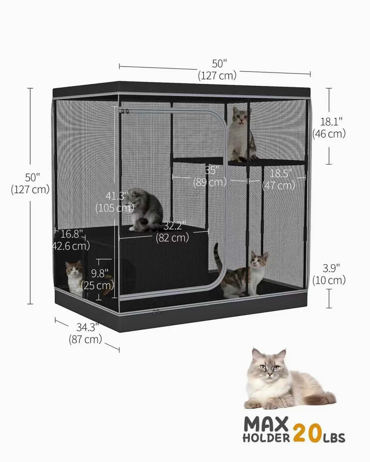 DINMO Gabbia per Gatti Grande, Recinto Interno per Gatti con Vaschetta Igienica, Recinto per Piccoli Animali, Cuccia a Più Livelli, Recinto per Animali con Fondo Impermeabile, Nero