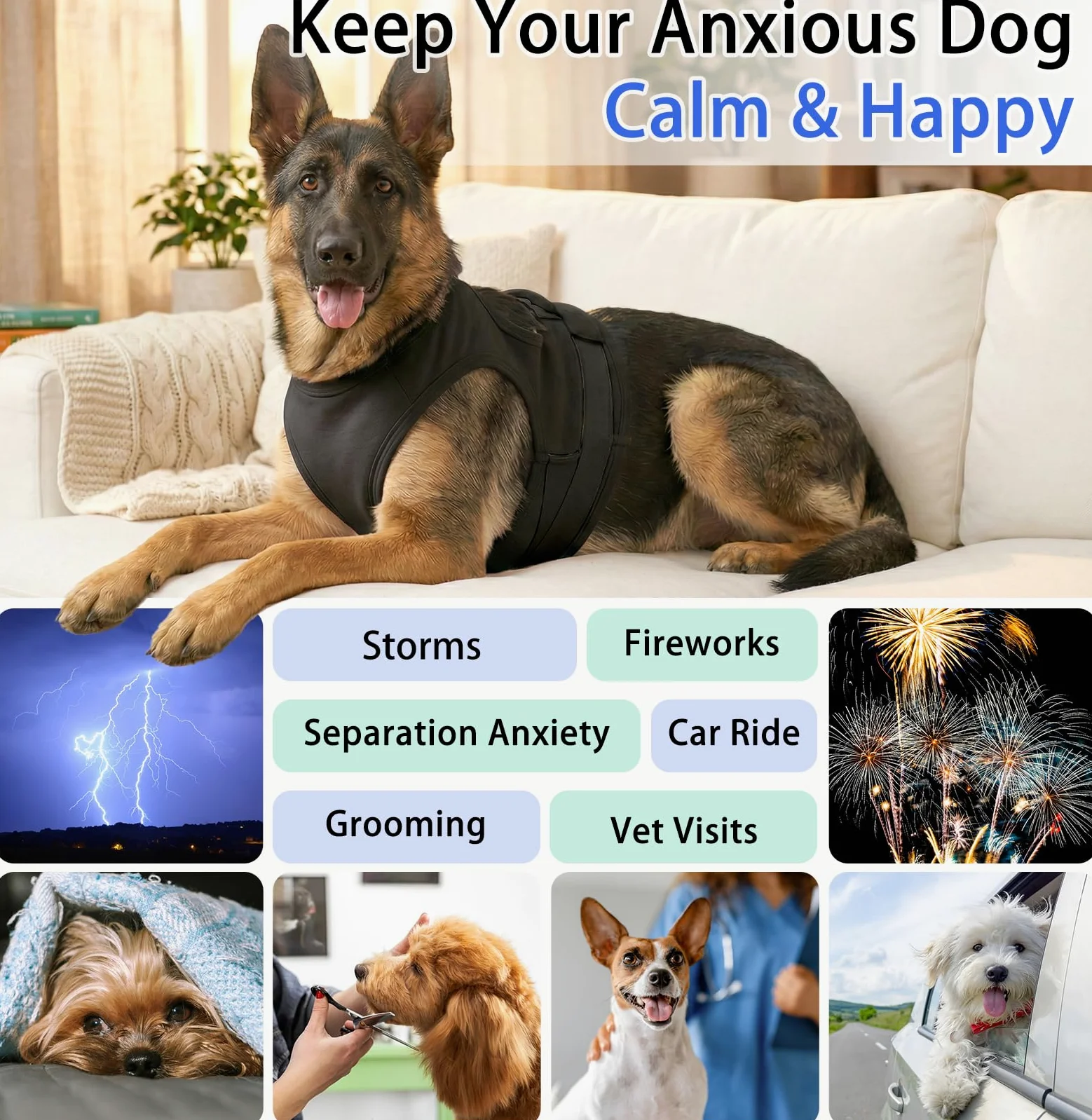 MIGOHI Giacca per alleviare l'ansia del cane, maglia calmante traspirante per cani, morbida maglia a compressione per temporali, fuochi d'artificio, separazione, fascia calmante per l'ansia del cane