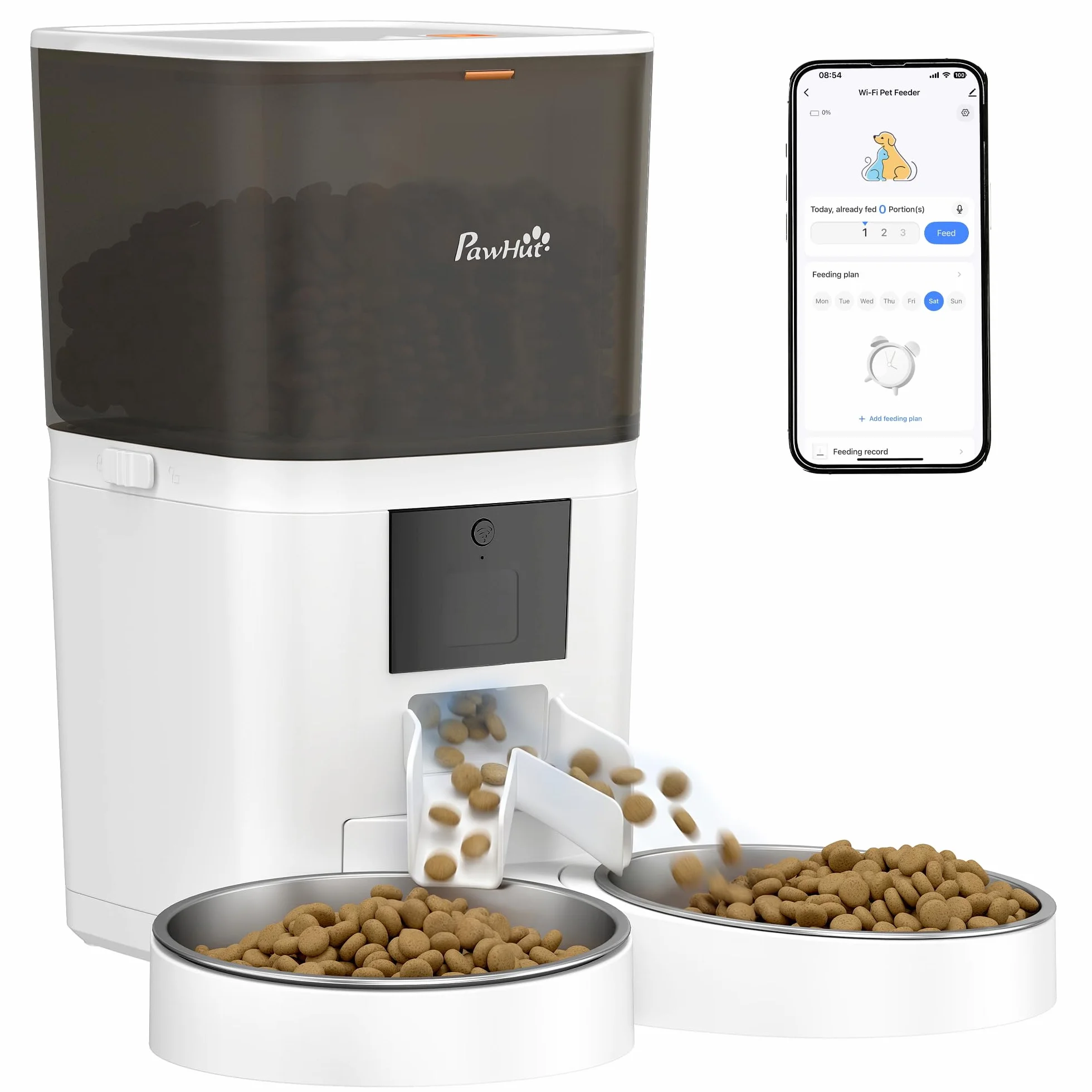 PawHut Distributore Automatico Cibo Gatti 6L WiFi 2.4G, Dispenser Crocchette Gatto App Controllo con Timer, 1-10 Pasti al Giorno, Registratore 10s, 2 Ciotole in Acciaio Inox, per Cani Media e Piccolo