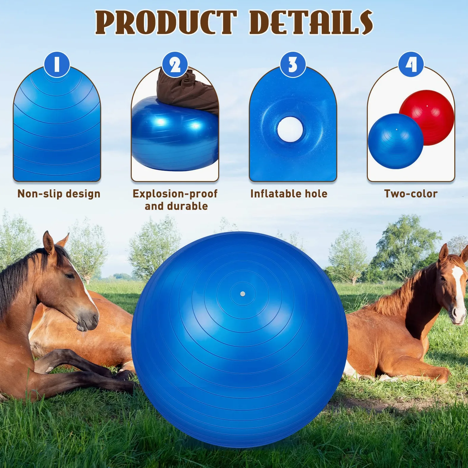 Sotiff 2 palline per cavalli da 101 cm per giocare, grandi palline da pastore per cavalli, anti-scoppio, gigante, giocattolo per cavalli, con pompa inclusa (blu e rosso, 100 cm)