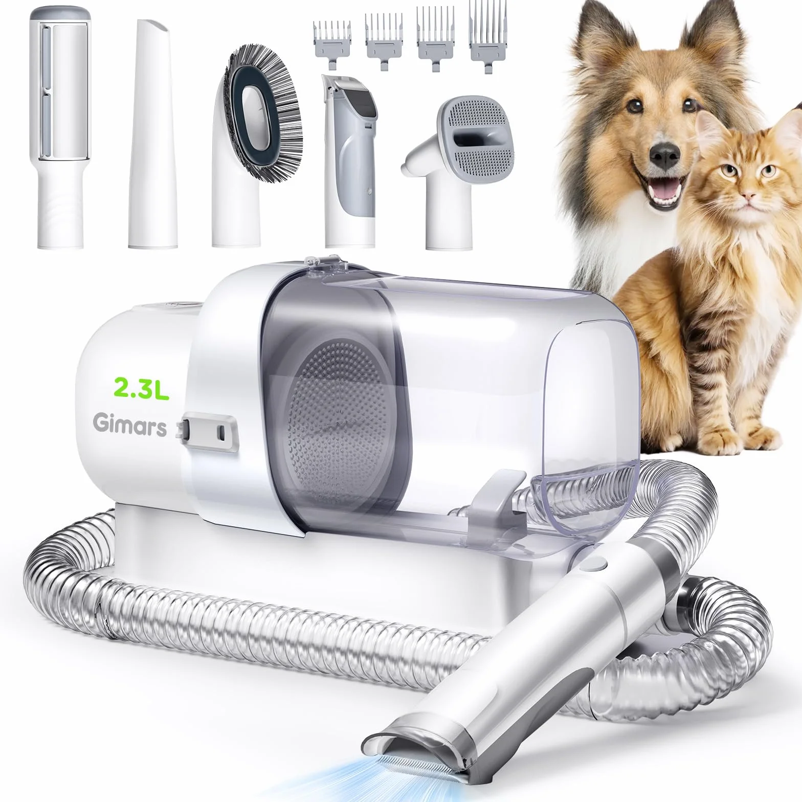 Gimars 2,3L Aspira Peli Cane 5 in 1 Kit Toelettatura Cani, Aspirapolvere Per Animali Con Spazzola, Forte Aspirazione 3k/7k/12k Pa Ultra Silenziosa Elettrico Tosatrice Per Gatto Pelo Professionale