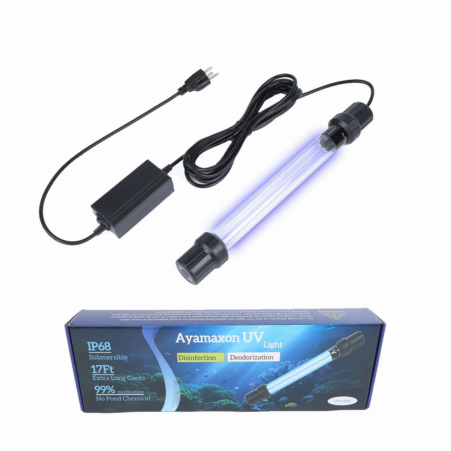 Luce UV sommergibile per acquario, 32 W, per acquario, luce UV, chiarificatore d'acqua per laghetto, piscina, vasca idromassaggio e tuffo freddo con controllo dell'acquario