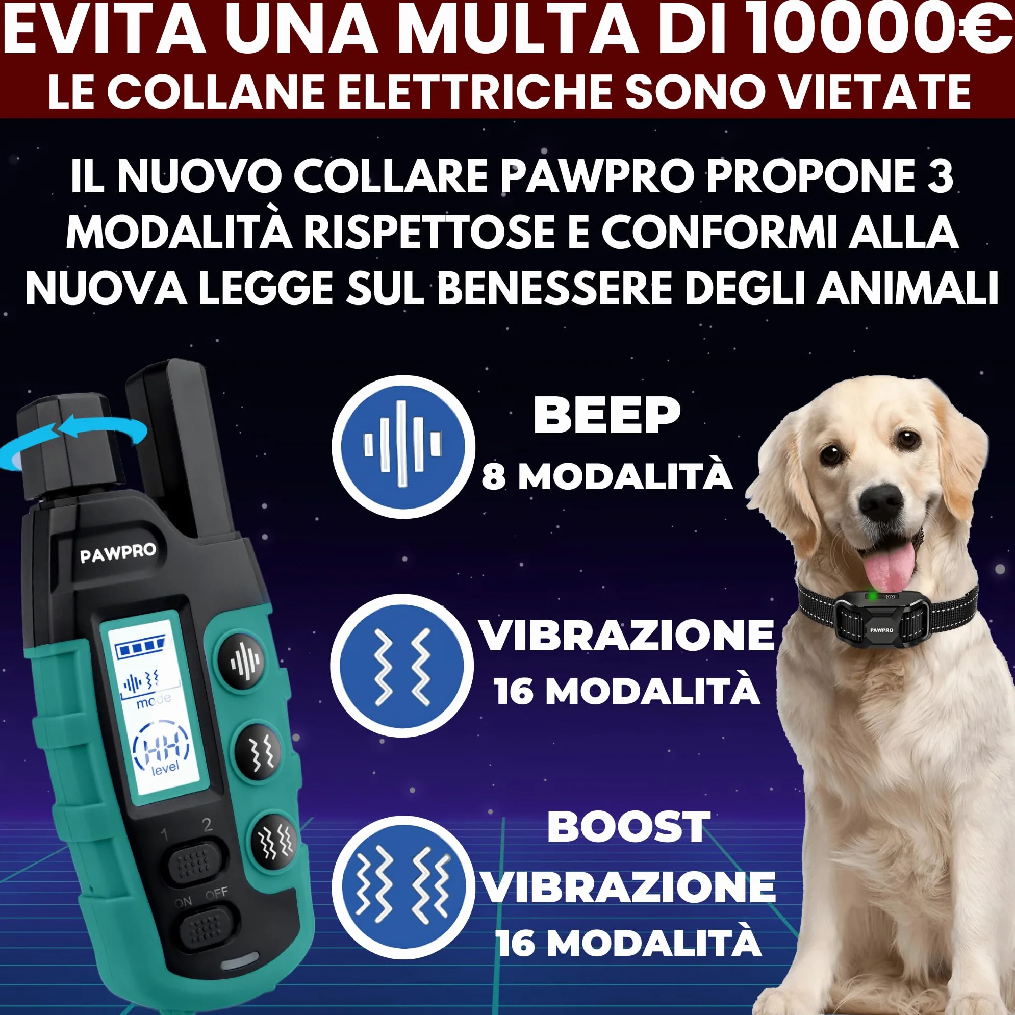 PAWPRO Collare da Addestramento per Cani | Portata XXL di 3000 m | Conforme Nuova Legge Benessere Animali 2024 | 3 moda Beep, Vibrazione, Boost Vibrazione | Per cani di Tutte le Taglie | Manuale IT